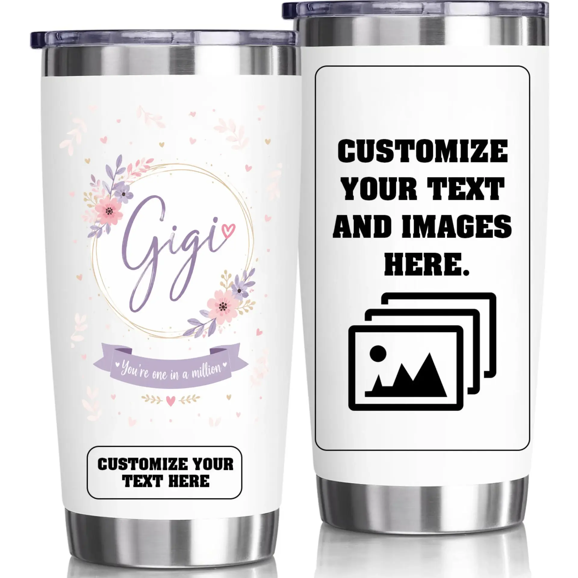 Stainless Steel Tumbler Personalized Floral Gigi Gift 20oz Insulated Travel Cup with Sliding Lid for Hot Cold Drinks
