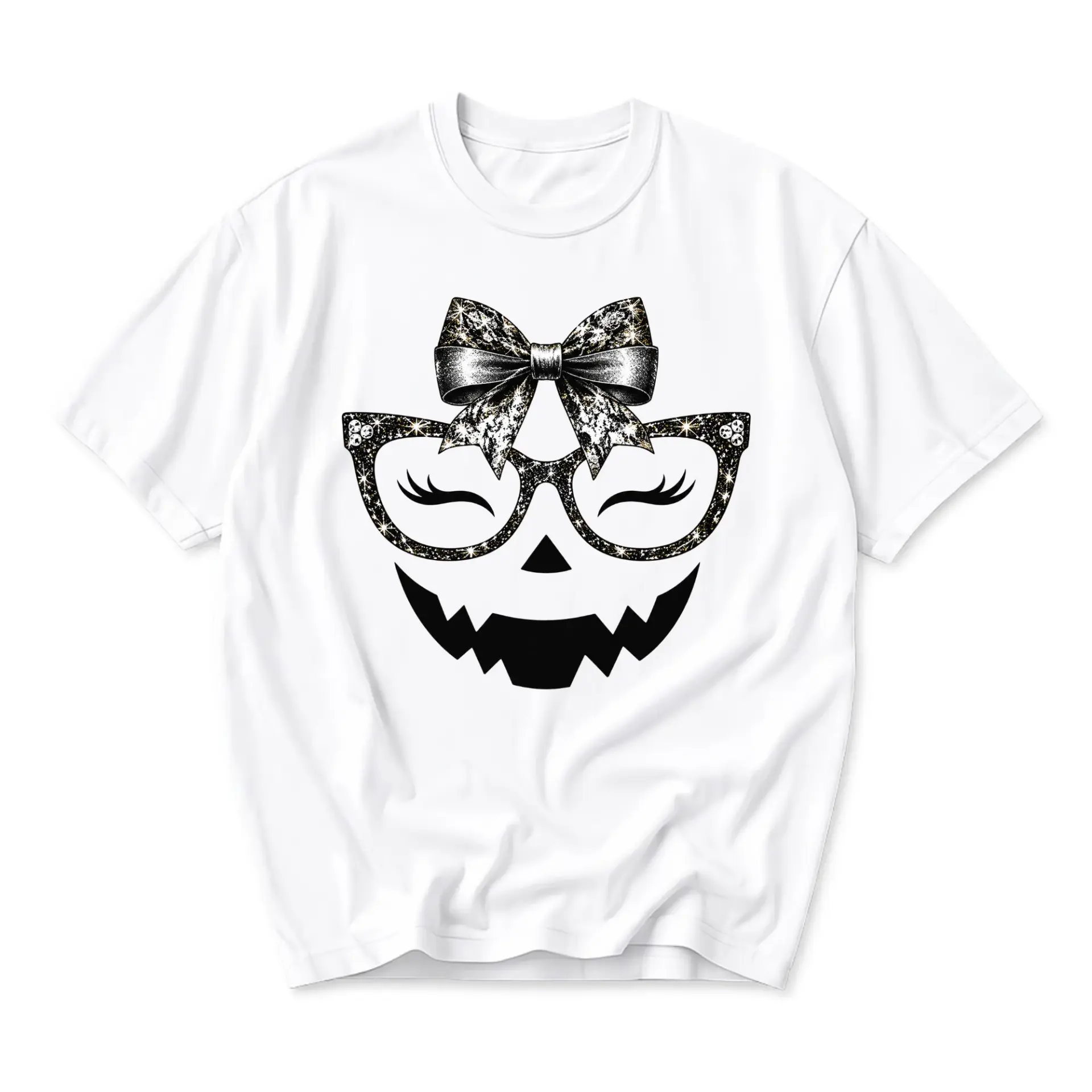 Graphic Tee Unisex Crew Neck T-Shirt Featuring a Glittery Pumpkin Face with Glasses and a Bow Design for Seasonal Wear