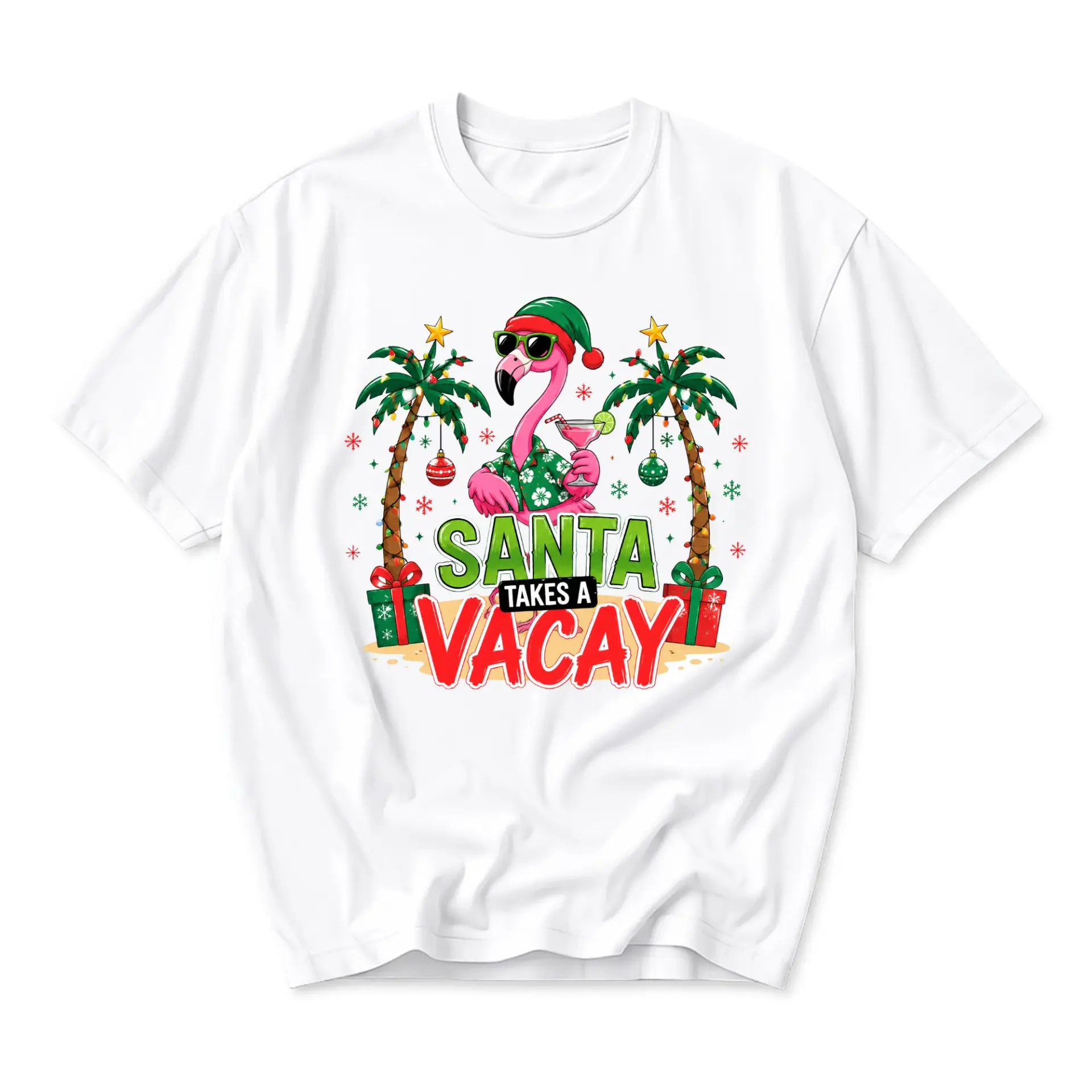 Funny Shirt Santa Takes a Vacay Tropical Christmas Flamingo Graphic Tee