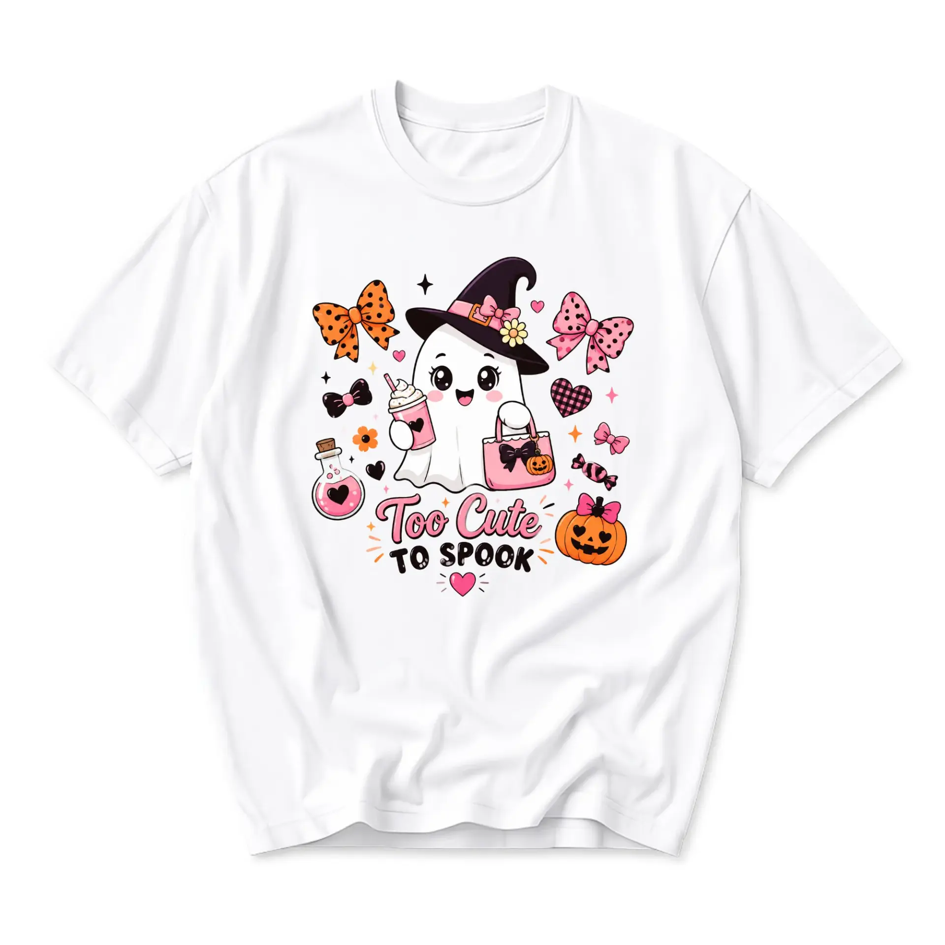 Funny Shirt Too Cute to Spook Ghost Graphic Tee Aesthetic Seasonal Autumn Apparel for Casual Everyday Wear White