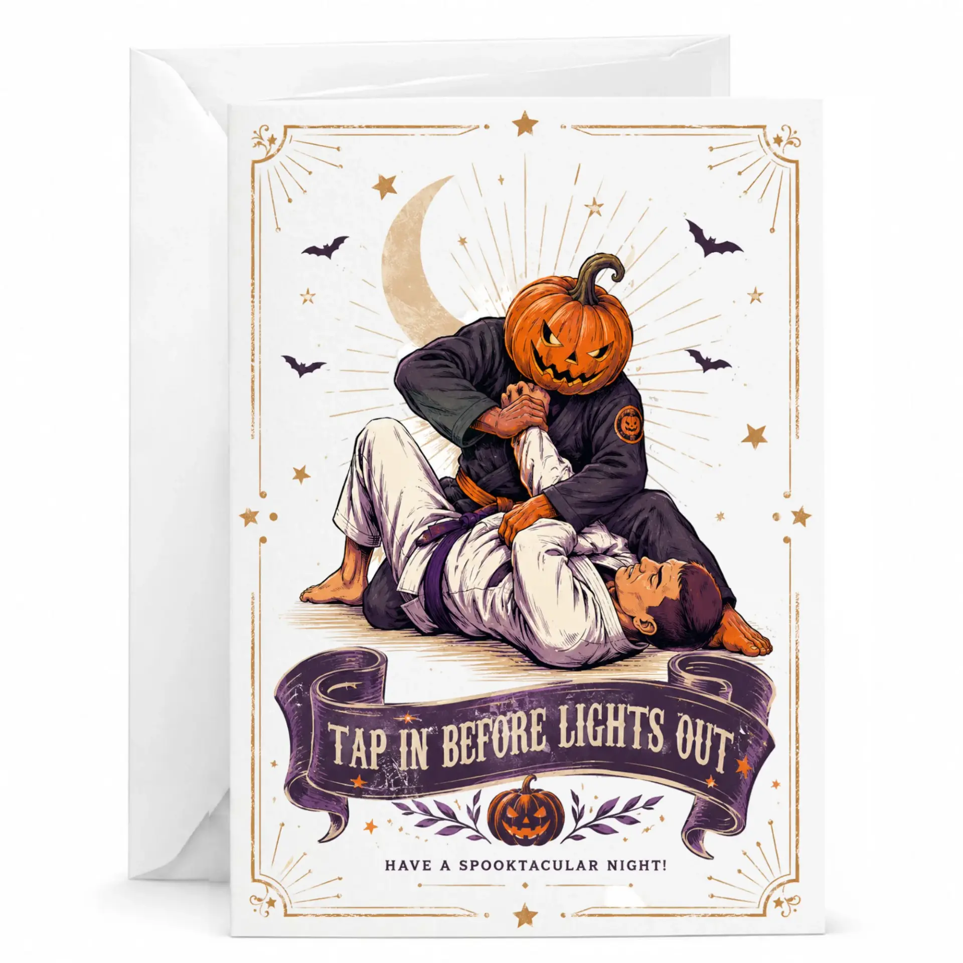 Funny Halloween Martial Arts Greeting Card Pumpkin Fighter in Before Lights Out Spooky Seasonal with Envelope