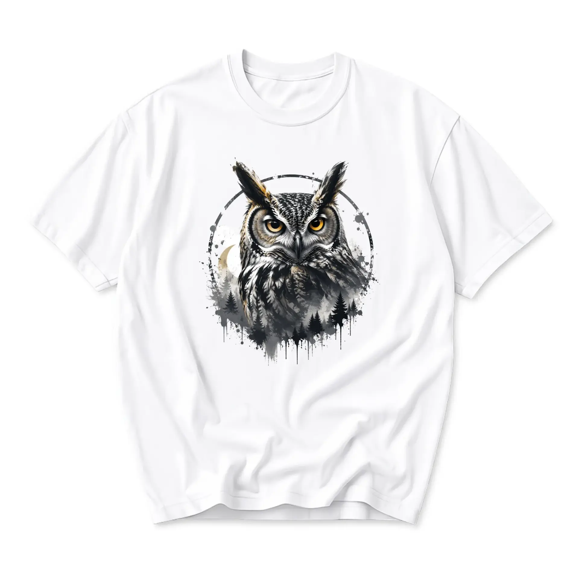 Graphic Tee Unisex Owl in Forest Moon Night Scene Printed T-Shirt Casual Short Sleeve Crew Neck Top Cotton Blend