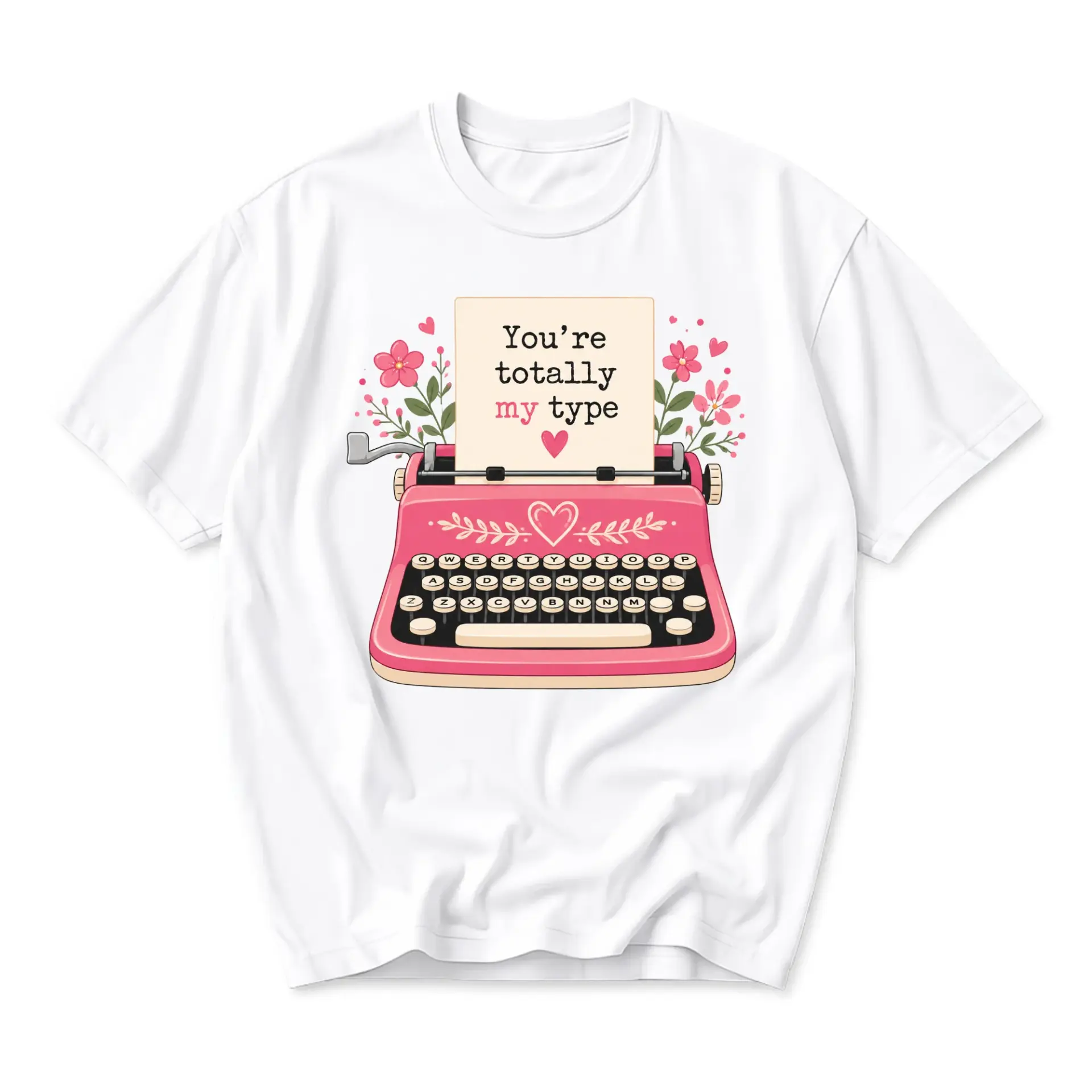 Graphic Tee Unisex Typewriter Design Casual Crew Neck T-Shirt Featuring Romantic Lettering and Floral Motif