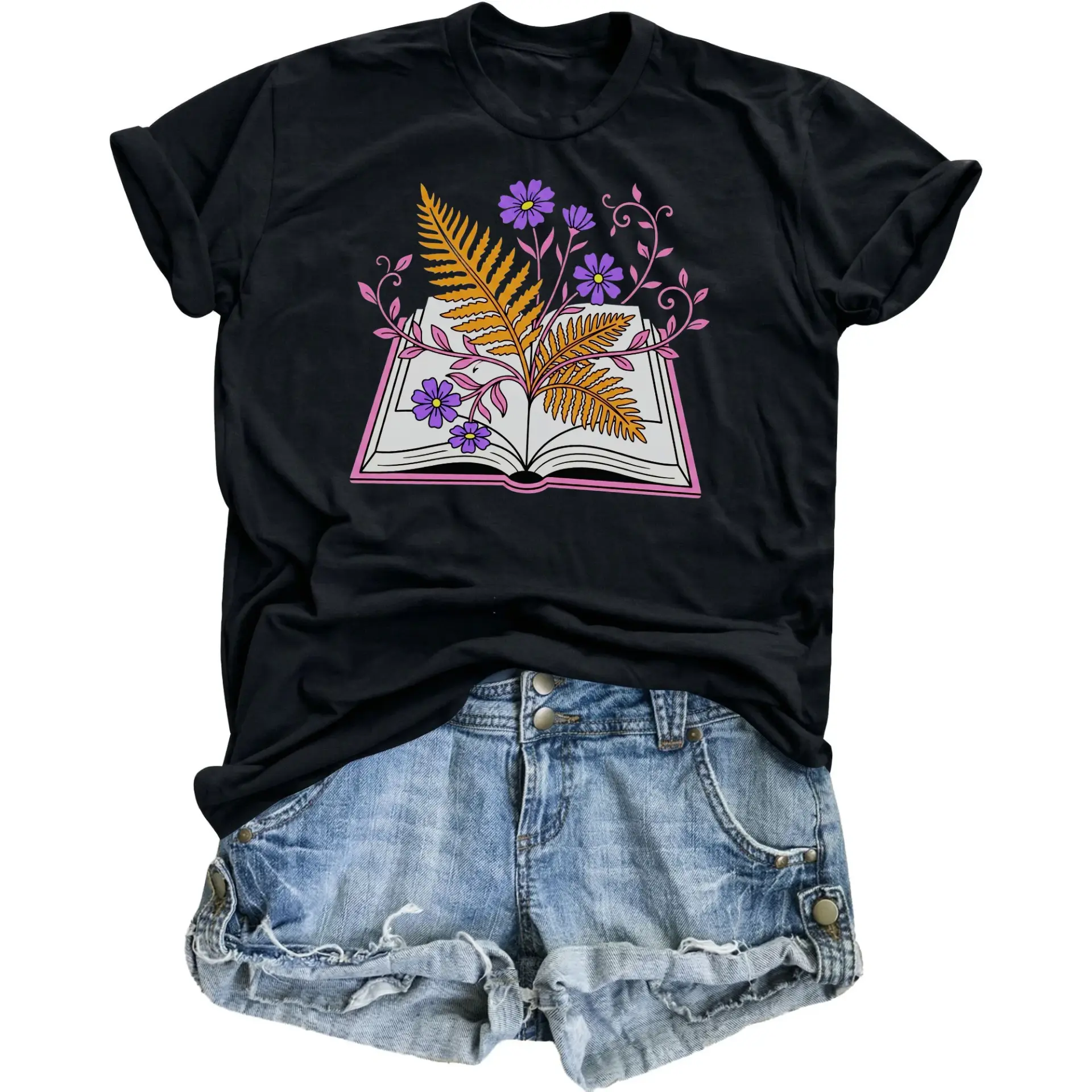 Graphic Tee Featuring Open Book Botanical Illustration Unisex Crew Neck Short Sleeve Casual Cotton Blend Shirt