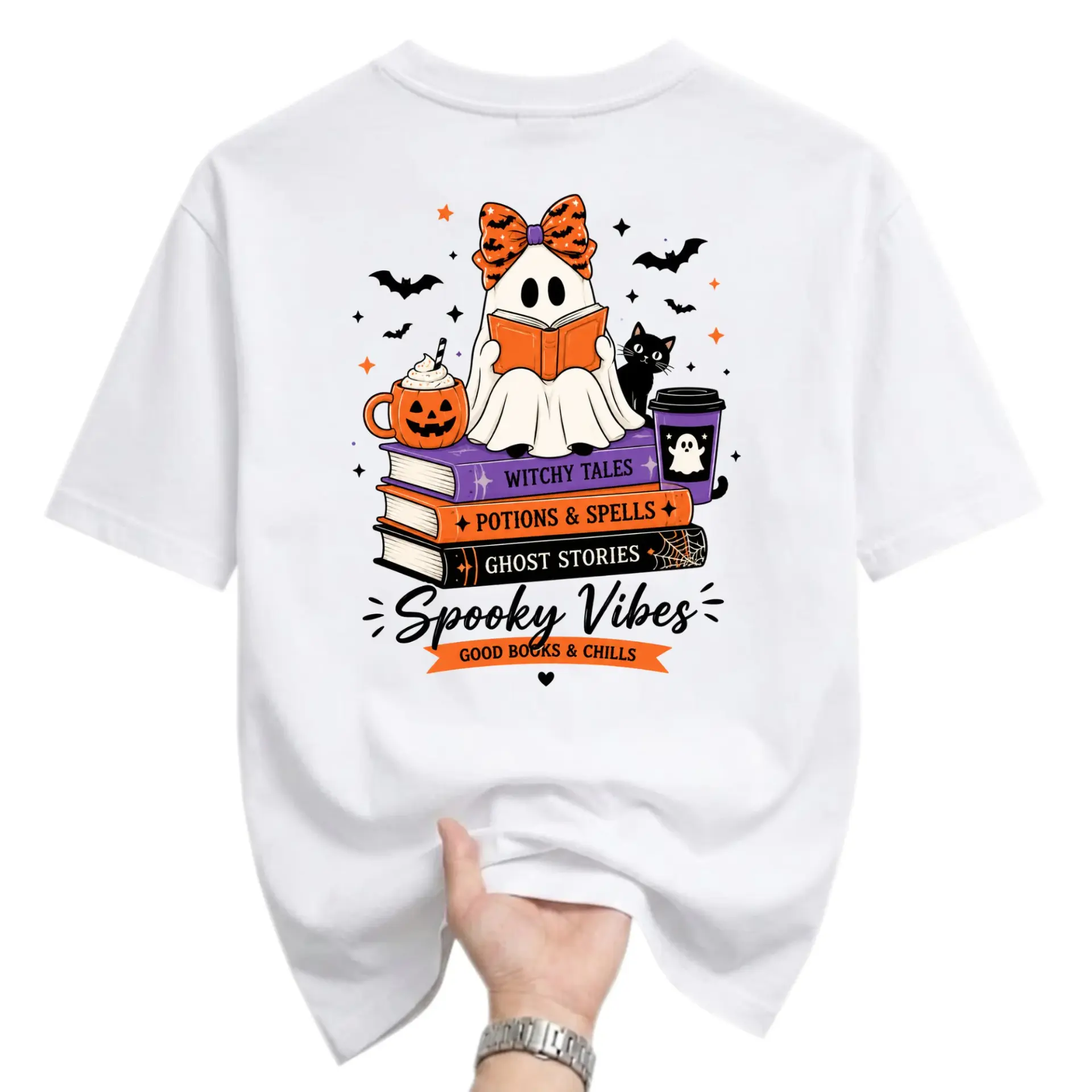Graphic Tee Spooky Vibes Reading Ghost Unisex T-Shirt Halloween Book Lover Apparel Casual Cotton Crew Neck Shirt
