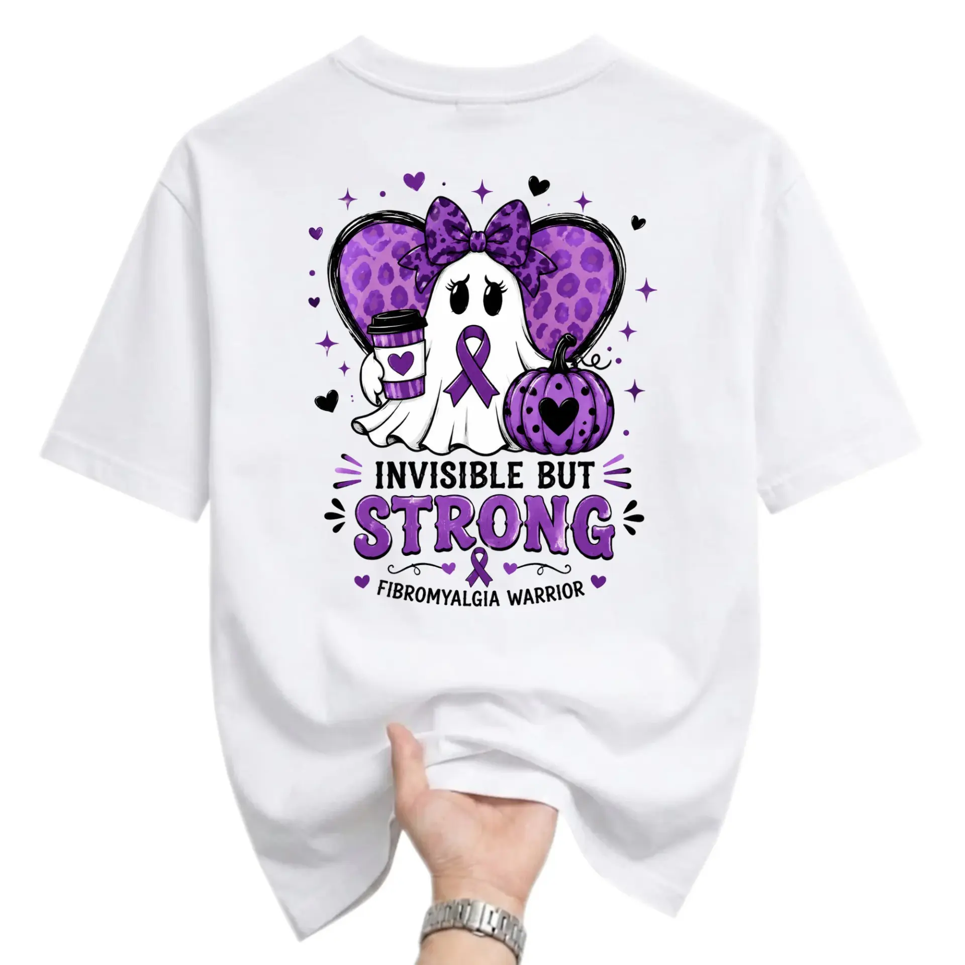 Funny Shirt Invisible but Strong Fibromyalgia Warrior Graphic Tee Purple Awareness Ribbon Pumpkin Design