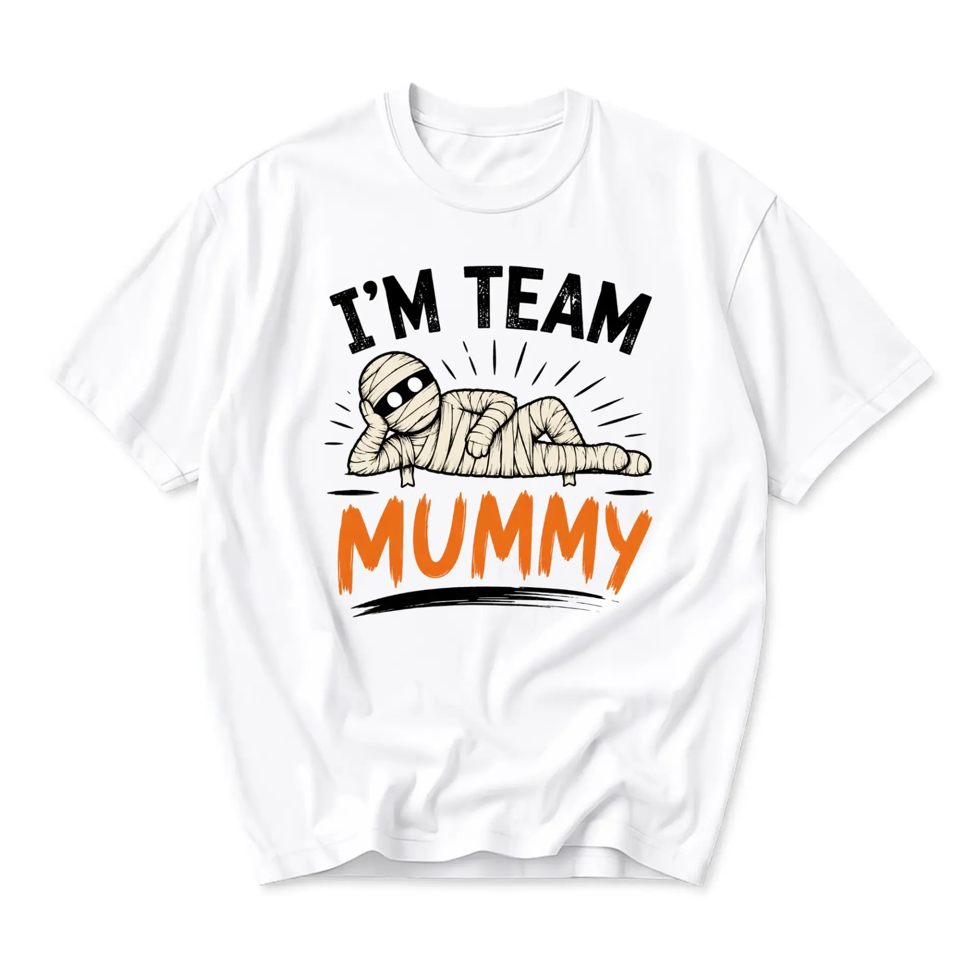 Funny Shirt I Am Team Mummy Graphic Tee Unisex Crew Neck Casual Cotton Blend Apparel for Halloween Enthusiasts White