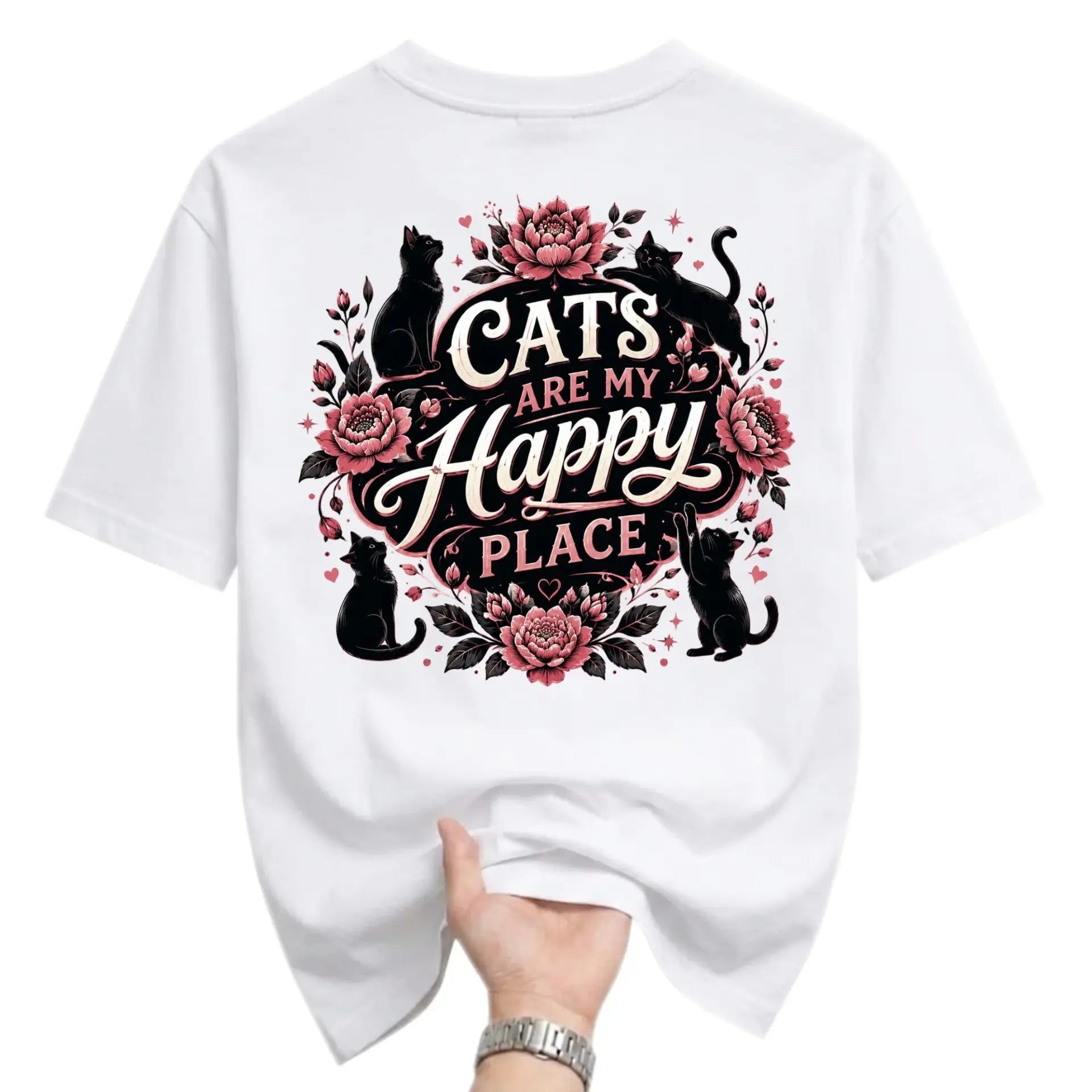 Graphic Tee Cats Are My Happy Place Shirt Unisex Floral Cat Lover Apparel Cute Animal Illustration Crew Neck T-Shirt