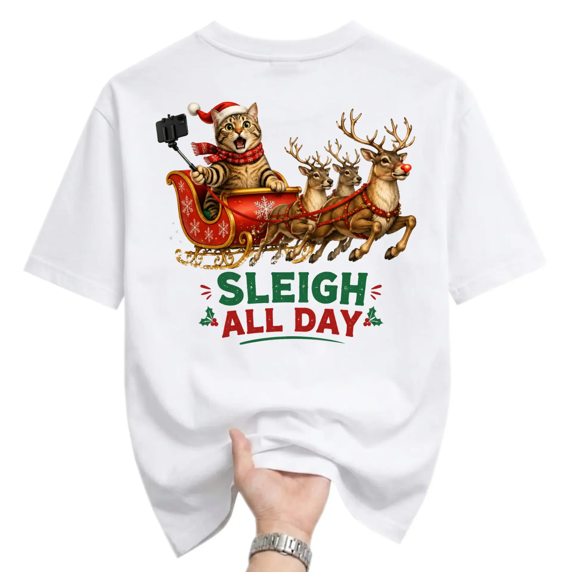 Funny Shirt Christmas Cat Taking Selfie in Santa Sleigh Graphic Tee Unisex