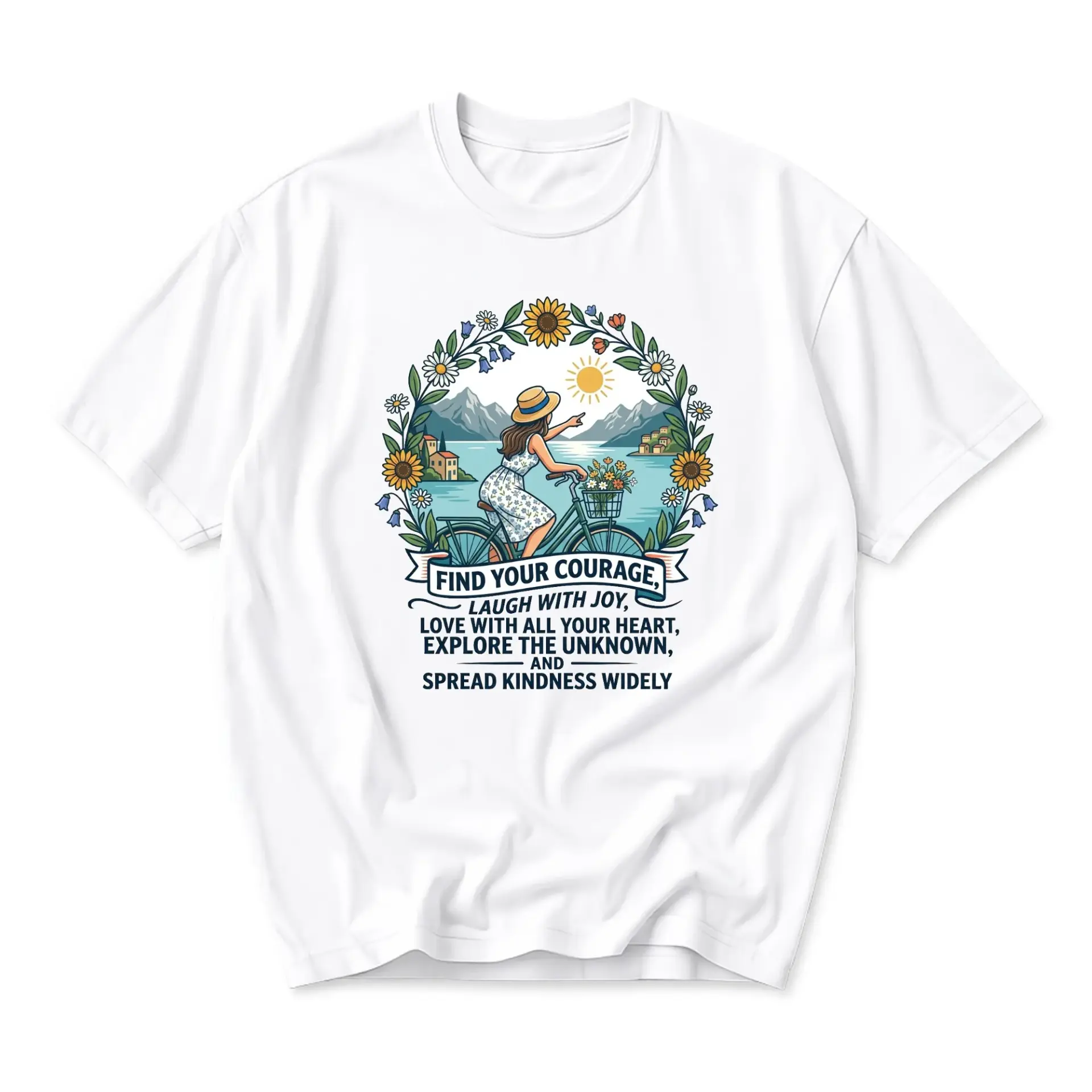 Graphic Tee Nature Themed Adventure Shirt Find Your Courage Floral Bicycle Inspirational Quote Unisex Crew Neck