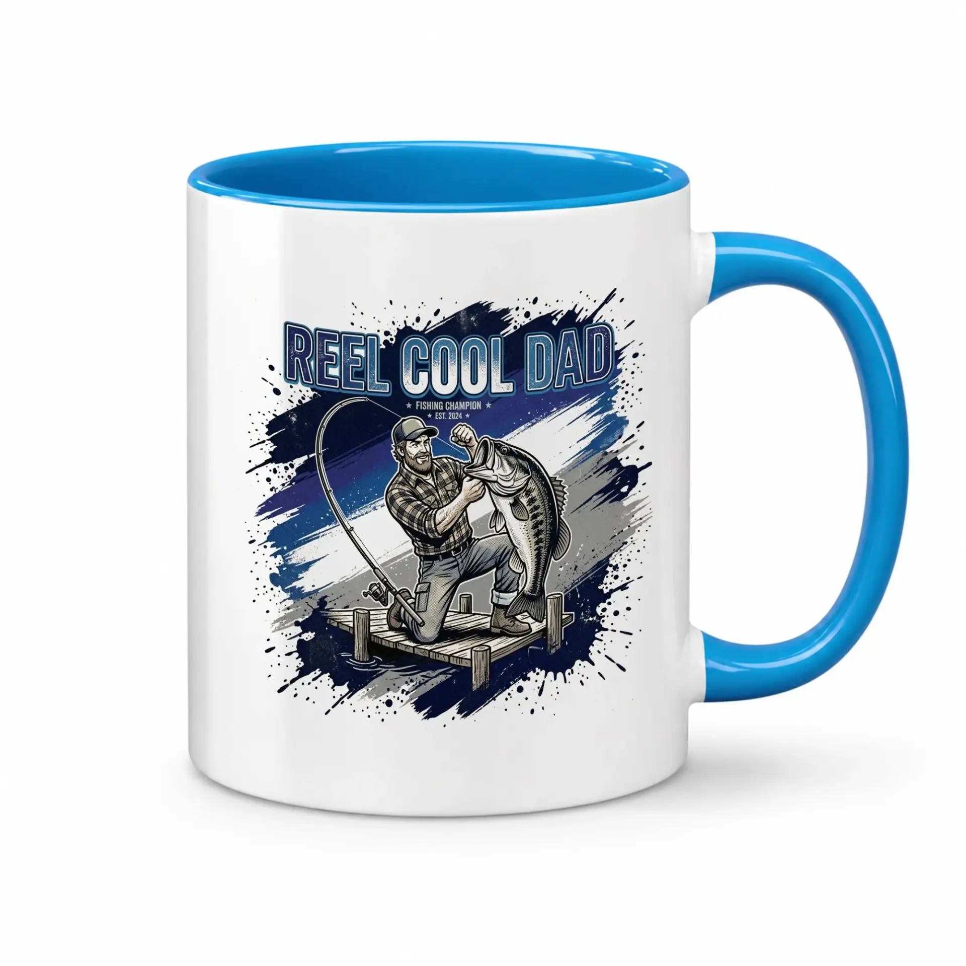 Reel Cool Dad Fishing Ceramic Coffee Mug with Contrast Blue Handle and Rim for Beverage Enthusiasts