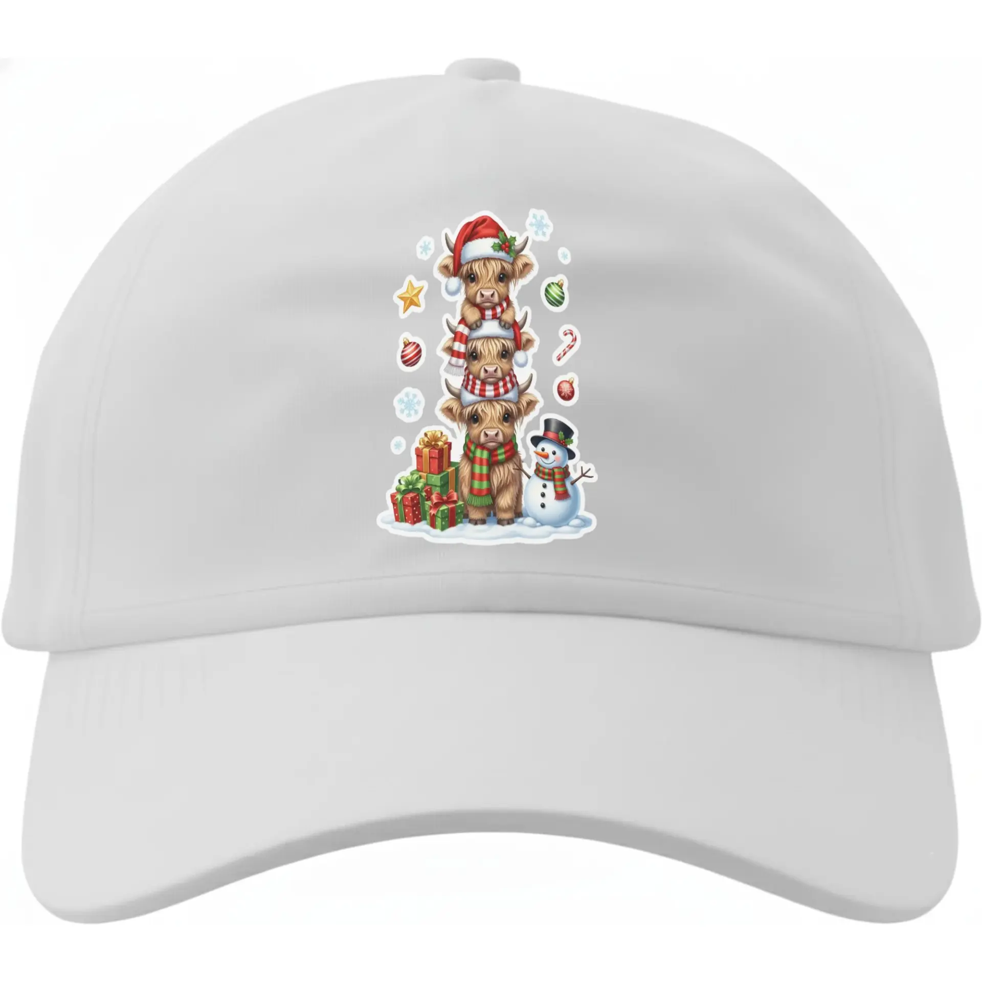 Baseball Cap Featuring Three Stacked Highland Cows with Festive Christmas Attire and Winter Holiday Decorations