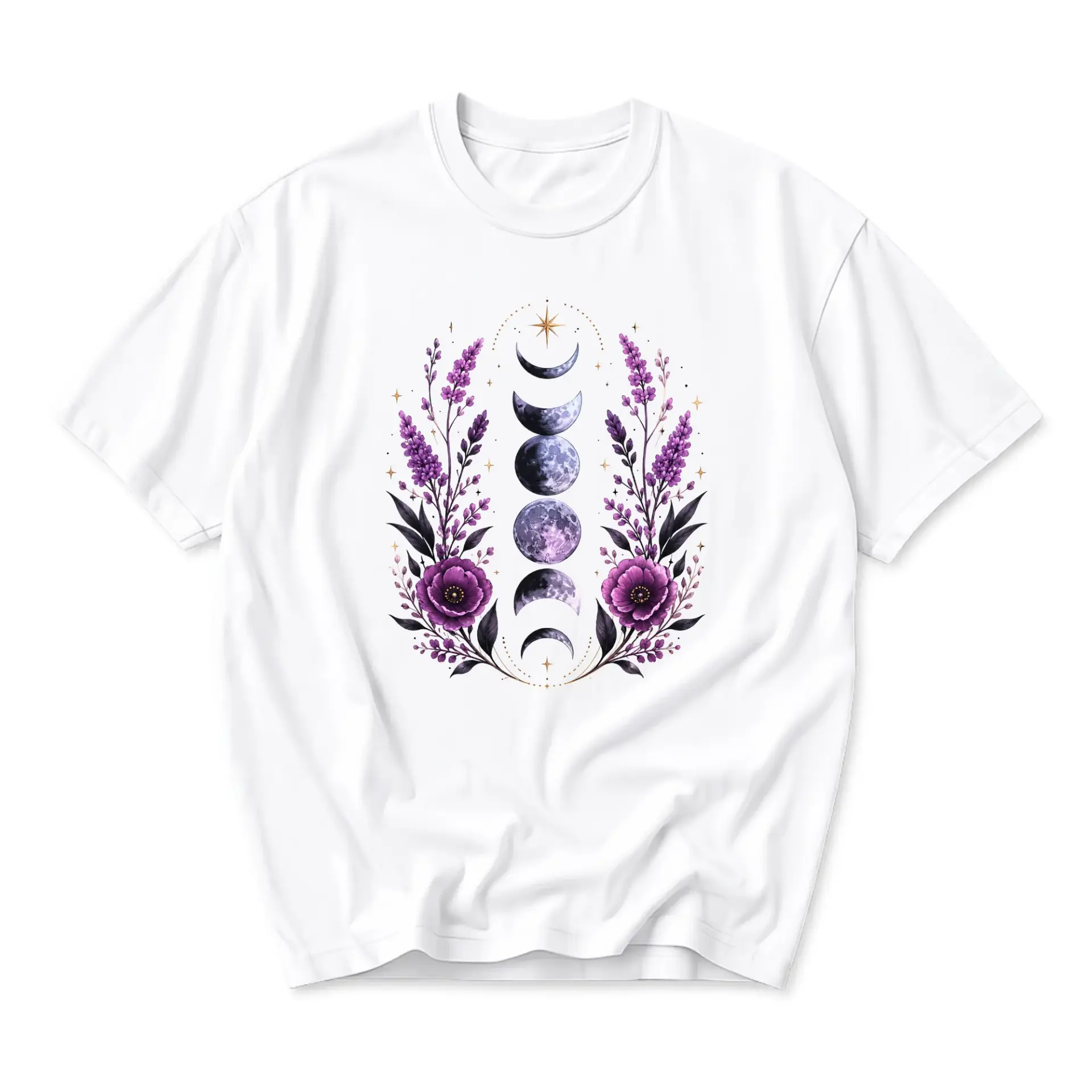 Graphic Tee Moon Phases and Floral Botanical Art Print Unisex Casual Crew Neck T-Shirt for Everyday Comfort Style