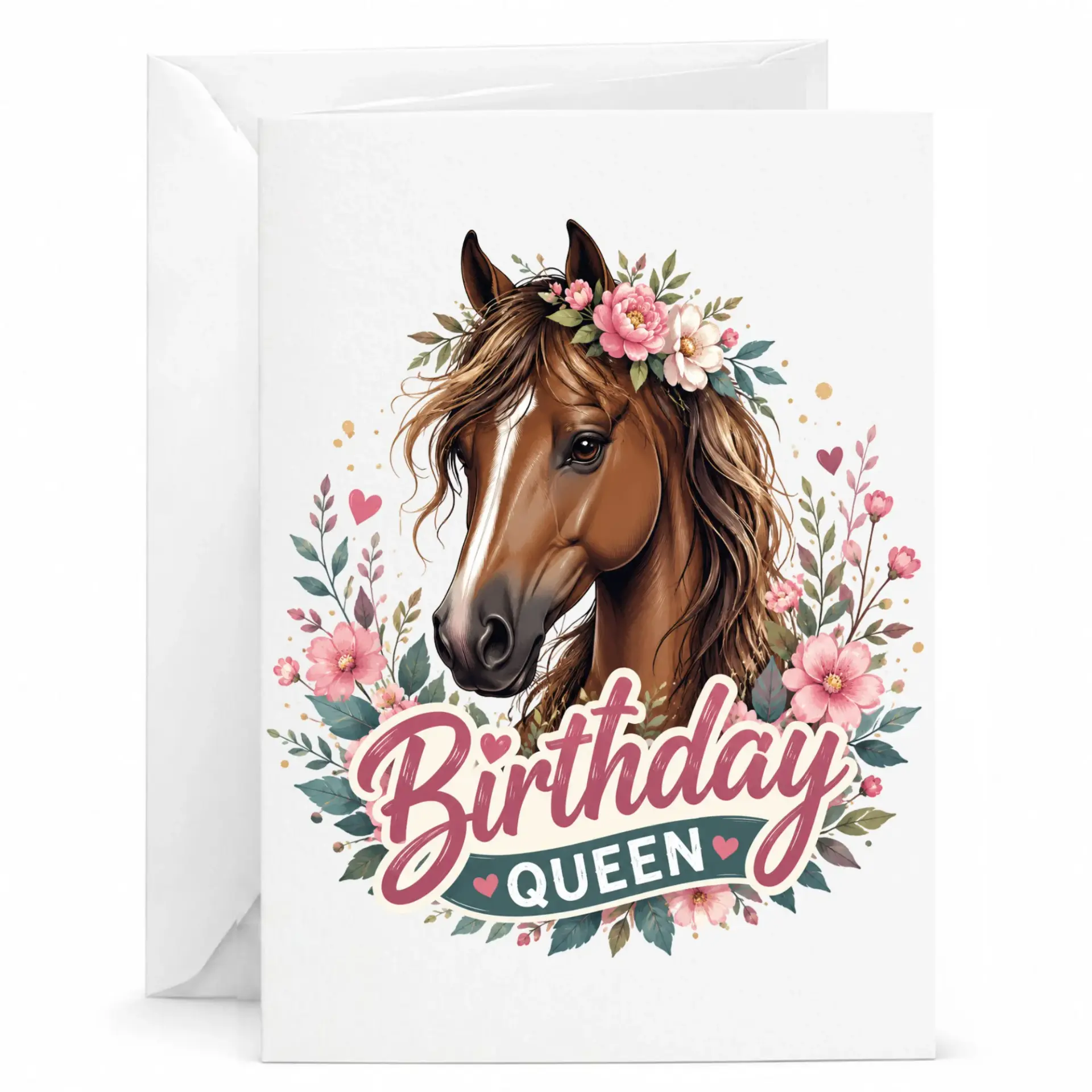 Birthday Card Featuring Elegant Horse Portrait with Floral Crown and Botanical Decorations for Special Celebrations