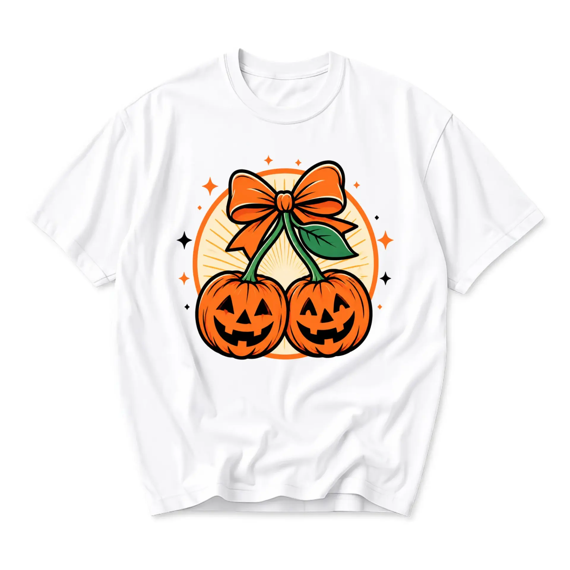 T-shirt Graphic Tee Featuring Cute Jack O Lantern Pumpkins with an Orange Bow for Seasonal Fall Casual Wear
