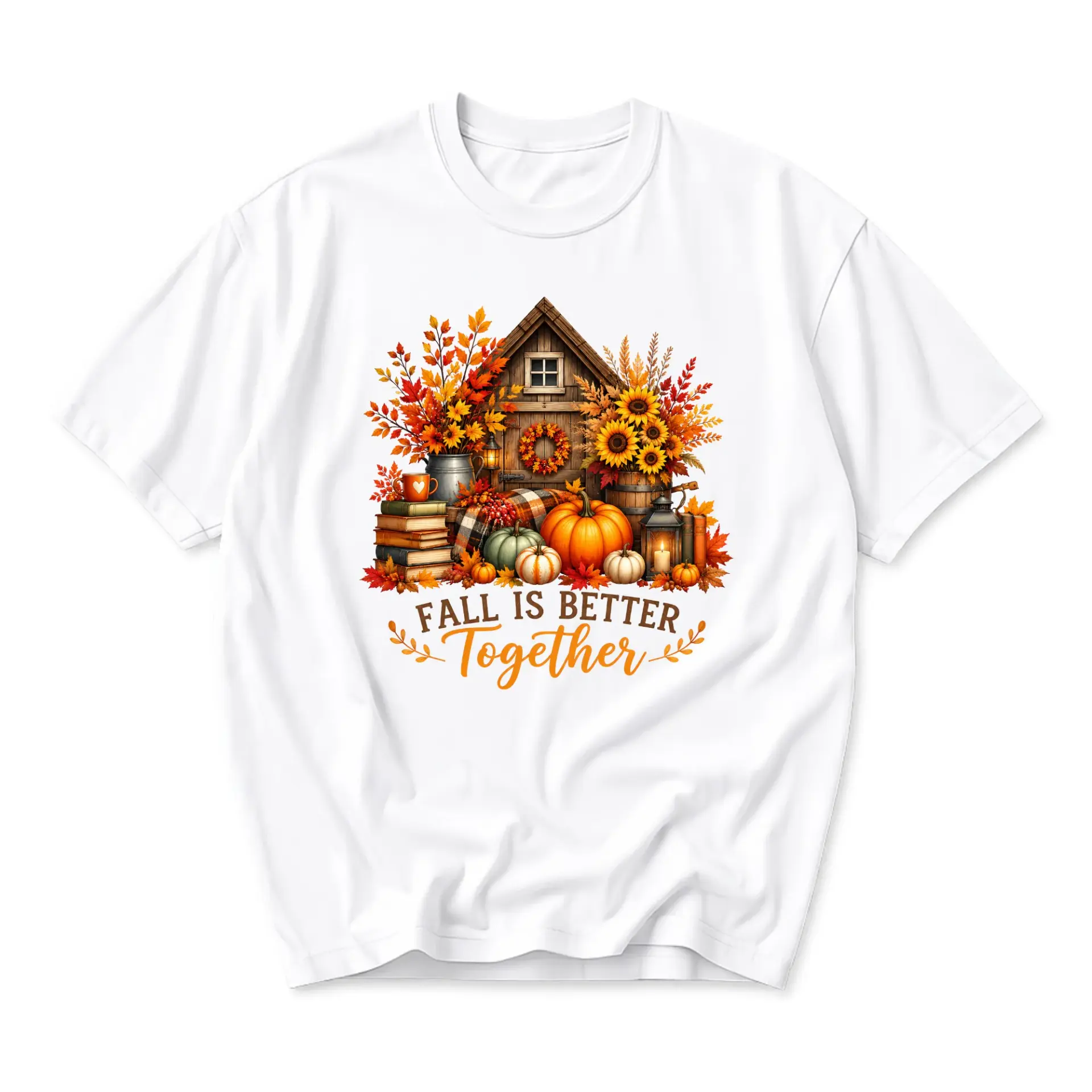 Graphic Tee Fall Is Better Together Seasonal Pumpkin Autumn Harvest Unisex Crew Neck Short Sleeve Shirt for Casual Wear