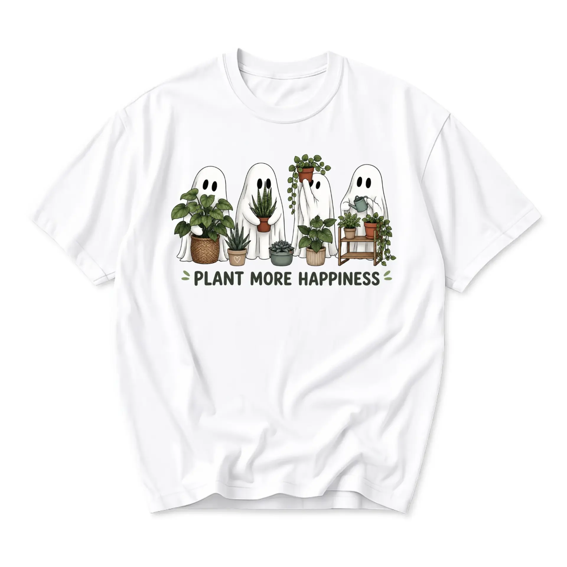 Graphic Tee Plant More Happiness Unisex Shirt Cute Ghost Gardening Illustration Casual Cotton Crew Neck Top
