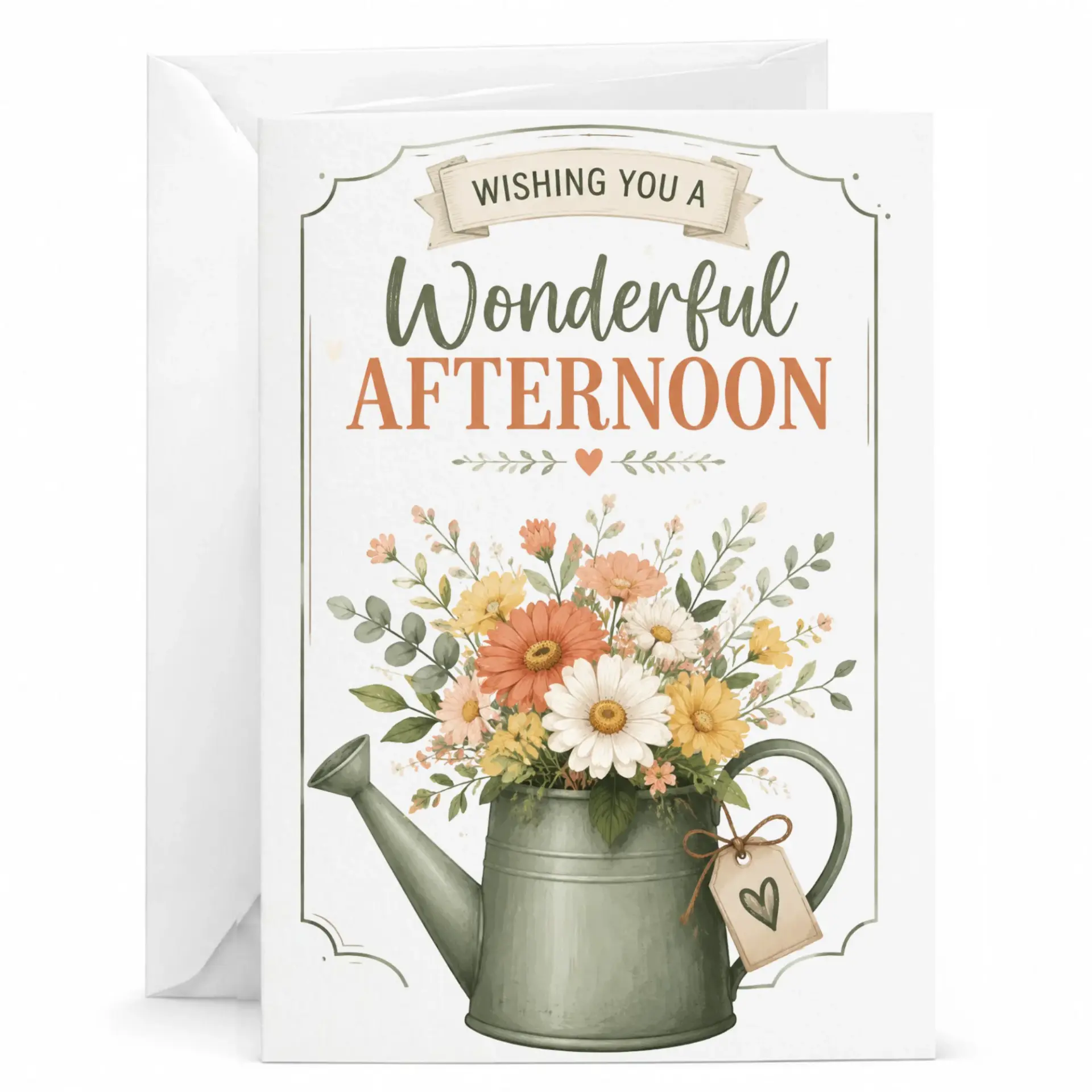 Greeting Card Wishing You a Wonderful Afternoon with Vintage Floral Watering Can Illustration for Any Special Occasion