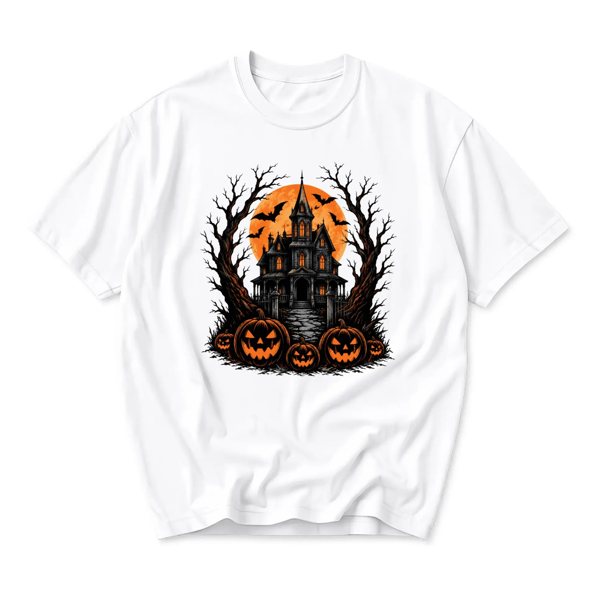 Graphic Tee Unisex Halloween Haunted House Shirt Spooky Fall Season Cotton Apparel for Casual Daily Outfits