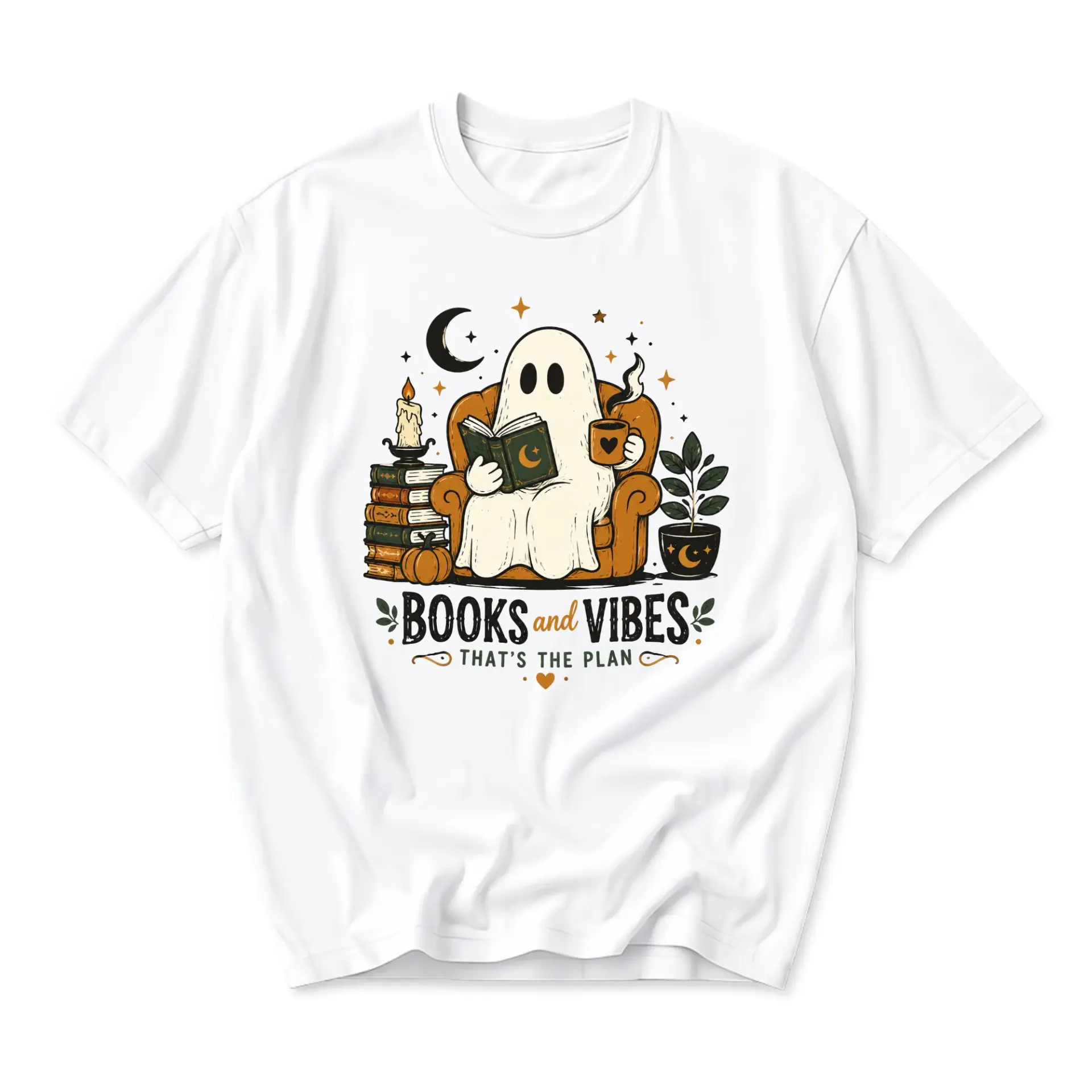 Graphic Tee Books and Vibes Ghost Reading a Book on an Armchair Unisex Crew Neck Short Sleeve Cotton Casual Shirt