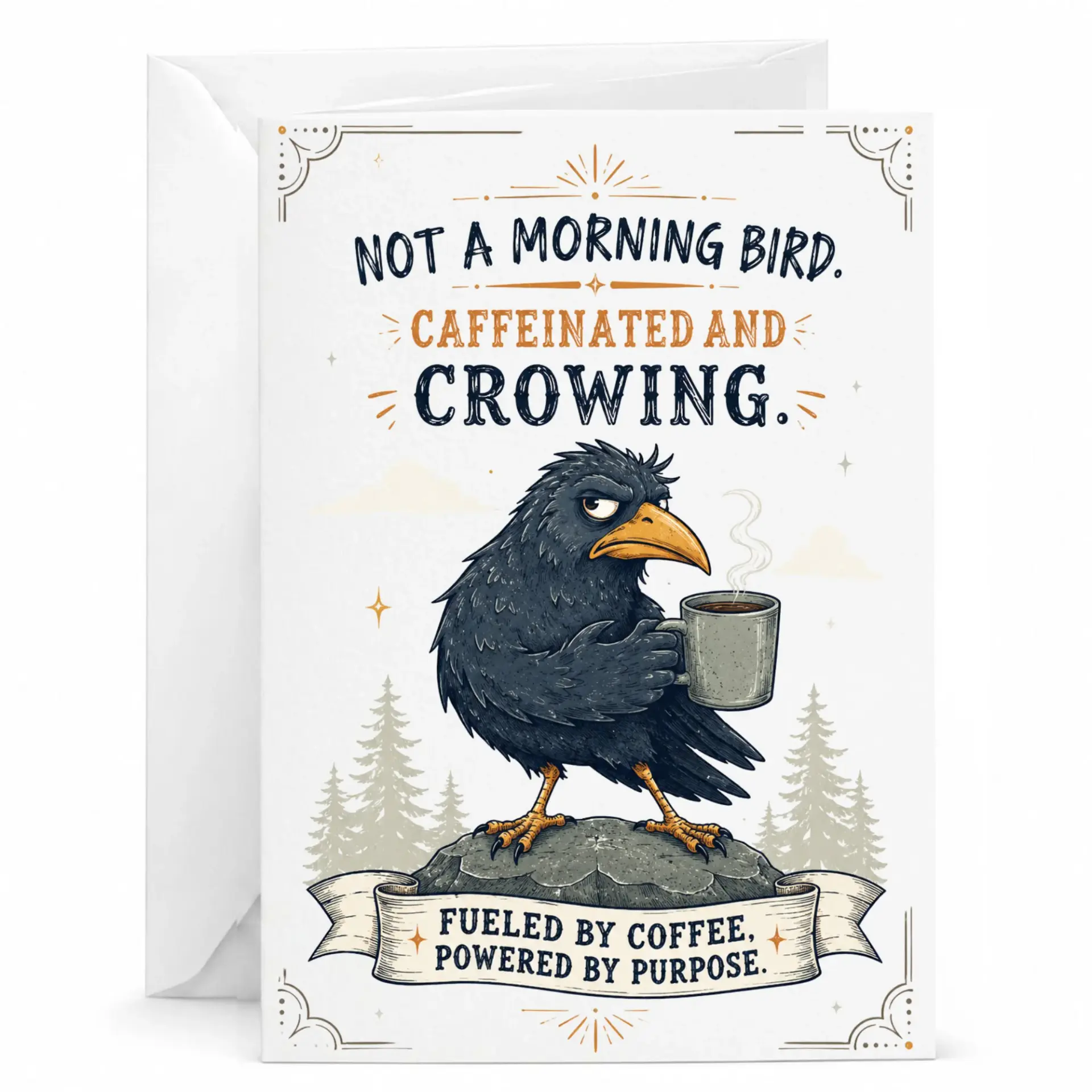 Funny Crow Greeting Card Caffeinated Coffee Lover Note Quirky Bird Illustration Stationery for Birthday or Just Because