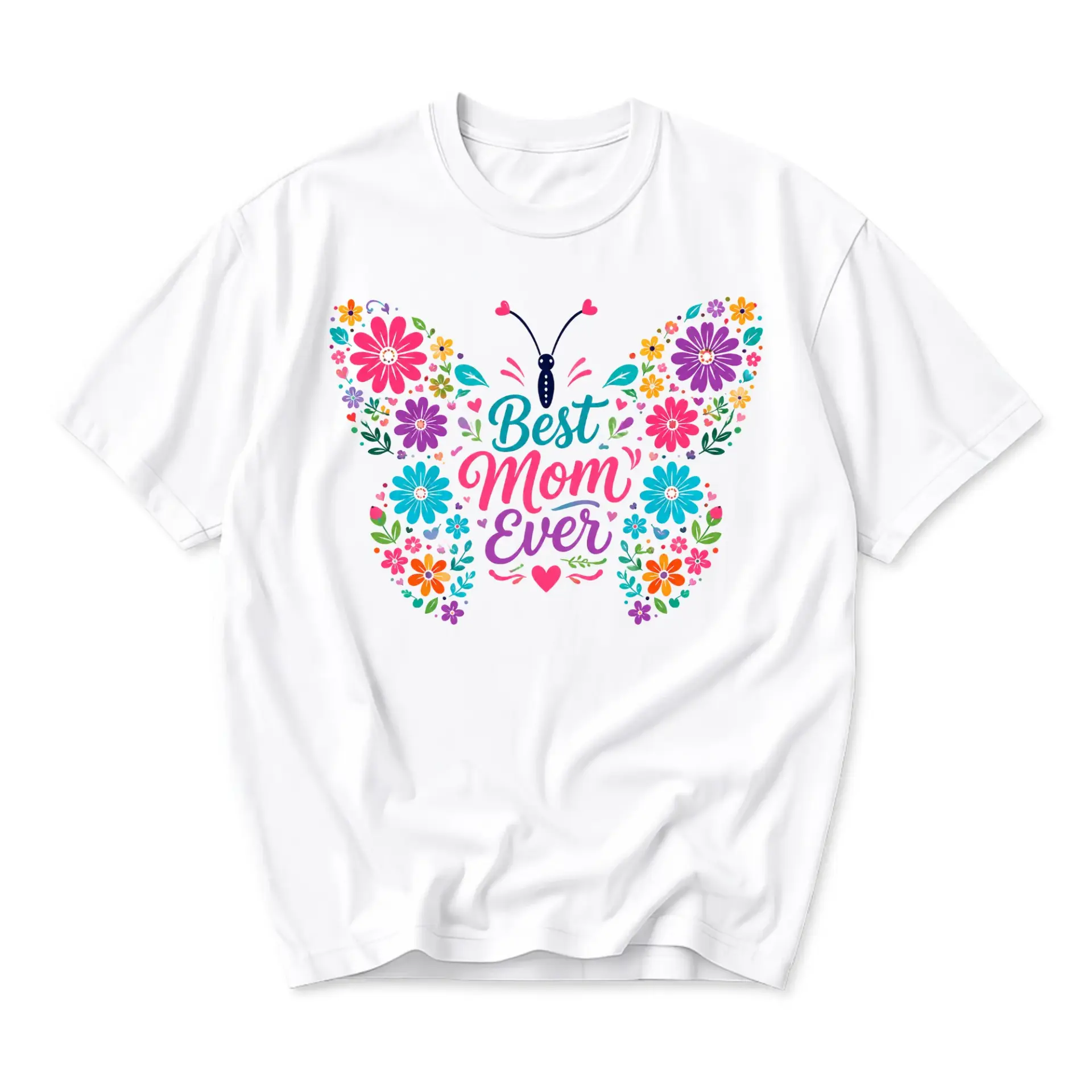 Graphic Tee Best Mom Ever Floral Butterfly Design Unisex Casual Crew Neck Comfortable Cotton Blend Short Sleeve Shirt