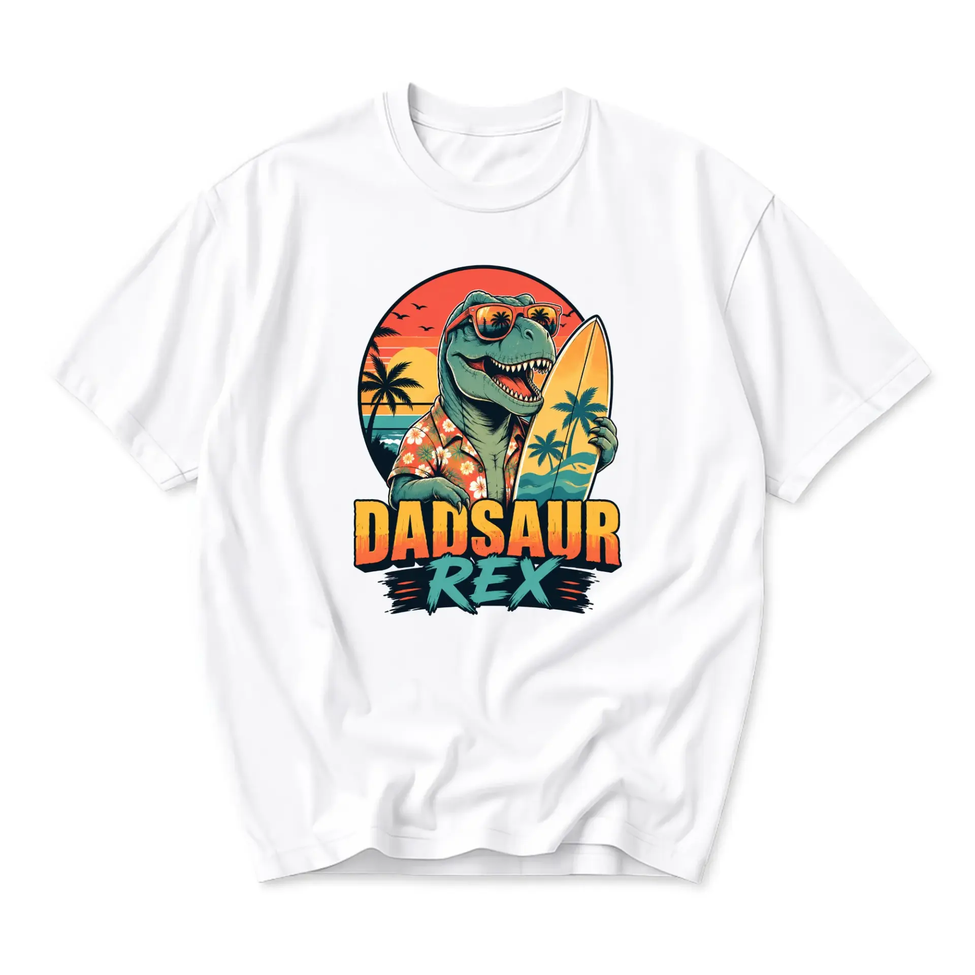 Graphic Tee Dadsaur Rex Surfing Dinosaur Summer Vacation Unisex Casual Crew Neck Soft Cotton Blend Apparel