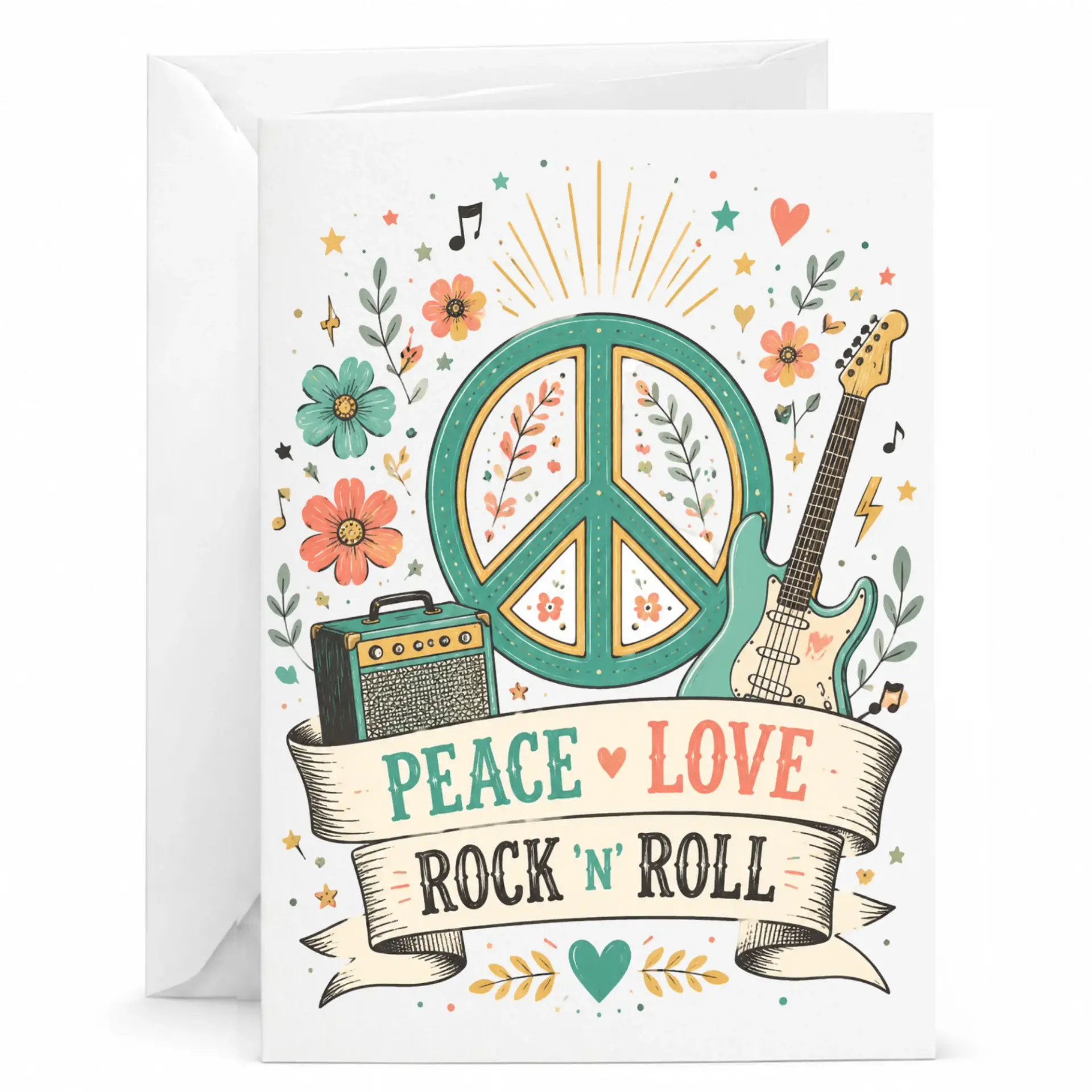 Funny Peace Love Rock N Roll Greeting Card with Envelope for Music Lovers and Musicians, 5x7 Folded Stationery Note