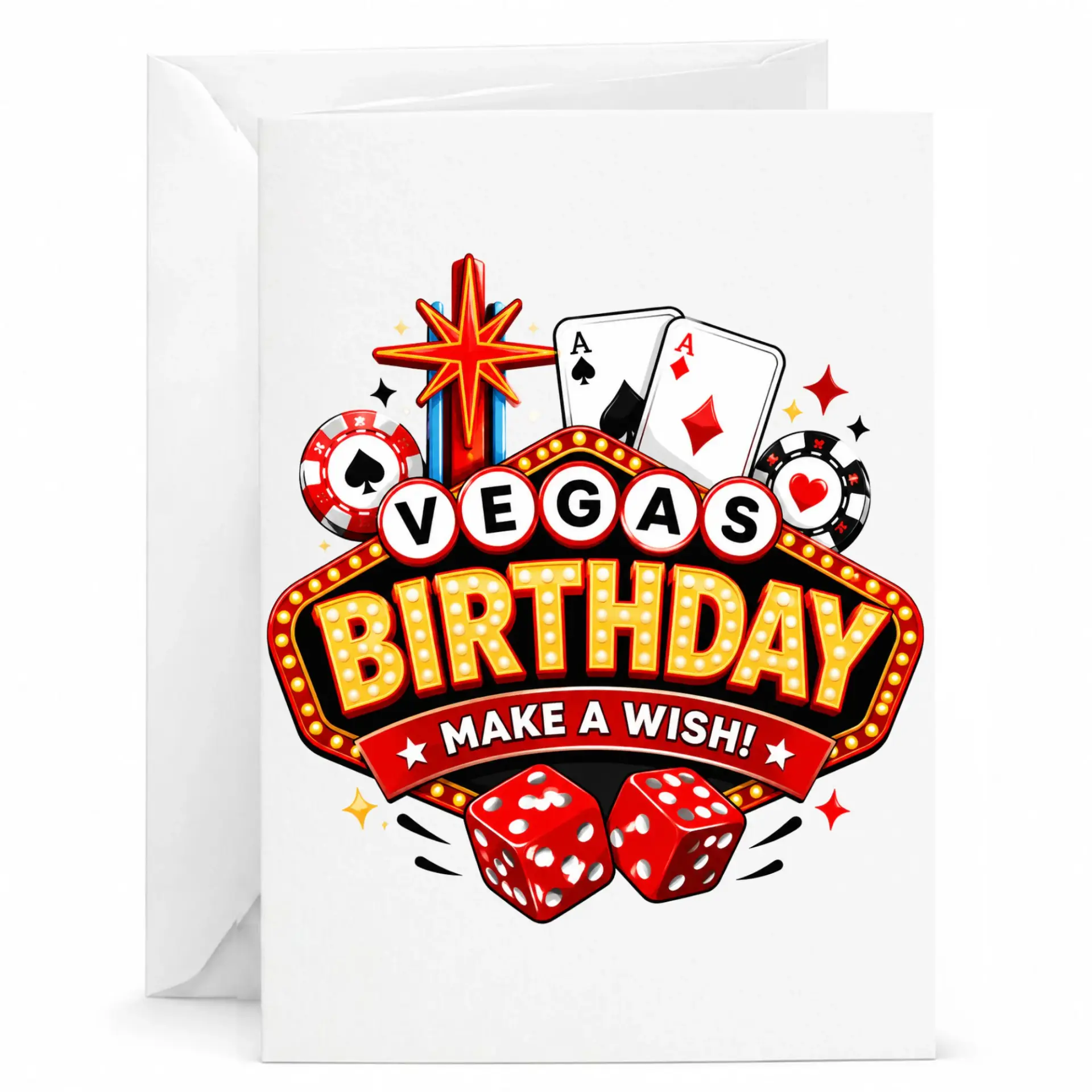 Birthday Card Vegas Theme Greeting Card for Casino Enthusiasts with Playing Cards Dice and Retro Marquee Light Design