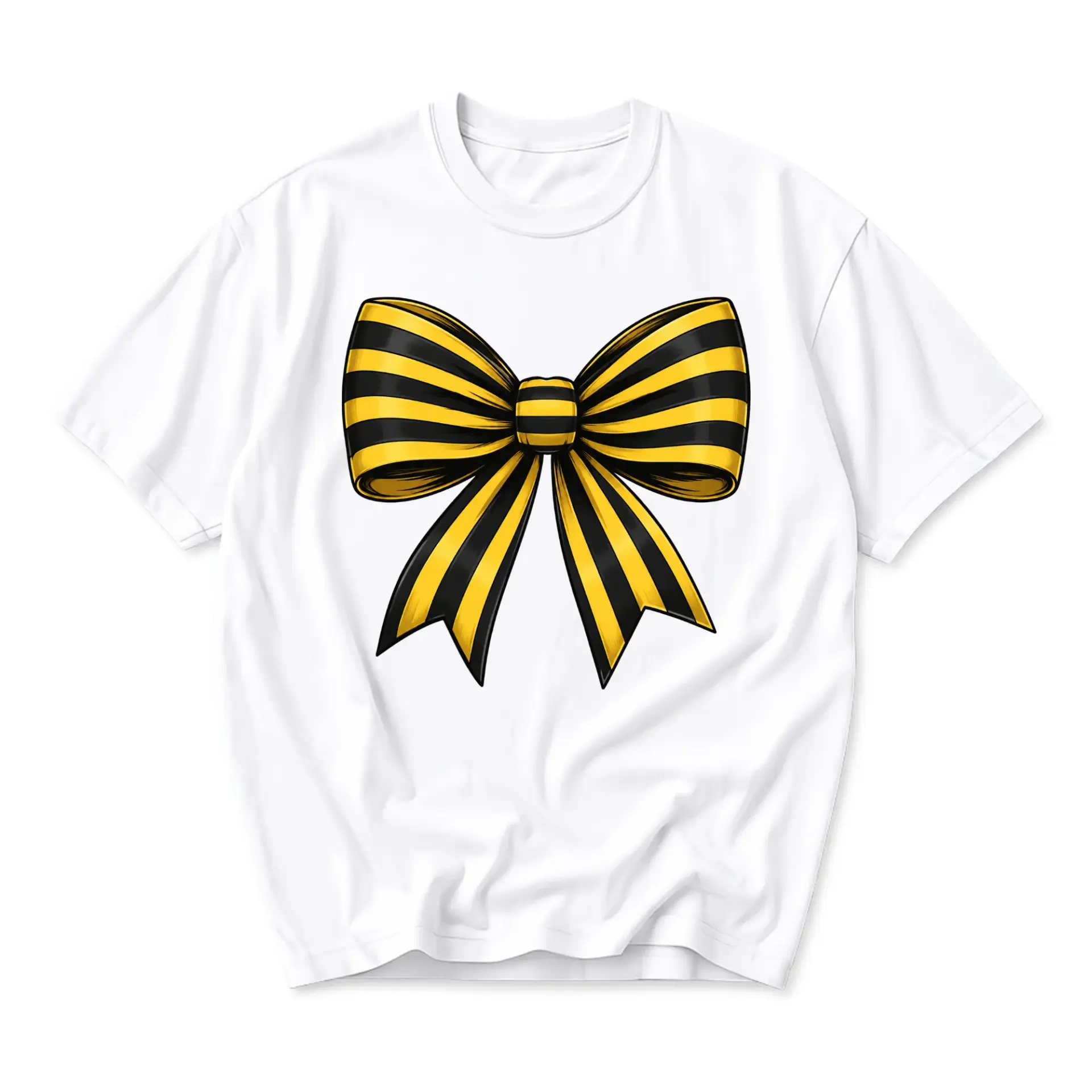 Graphic Tee Unisex Black and Yellow Striped Bow Print Casual Cotton Crew Neck Short Sleeve Shirt for Everyday Wear