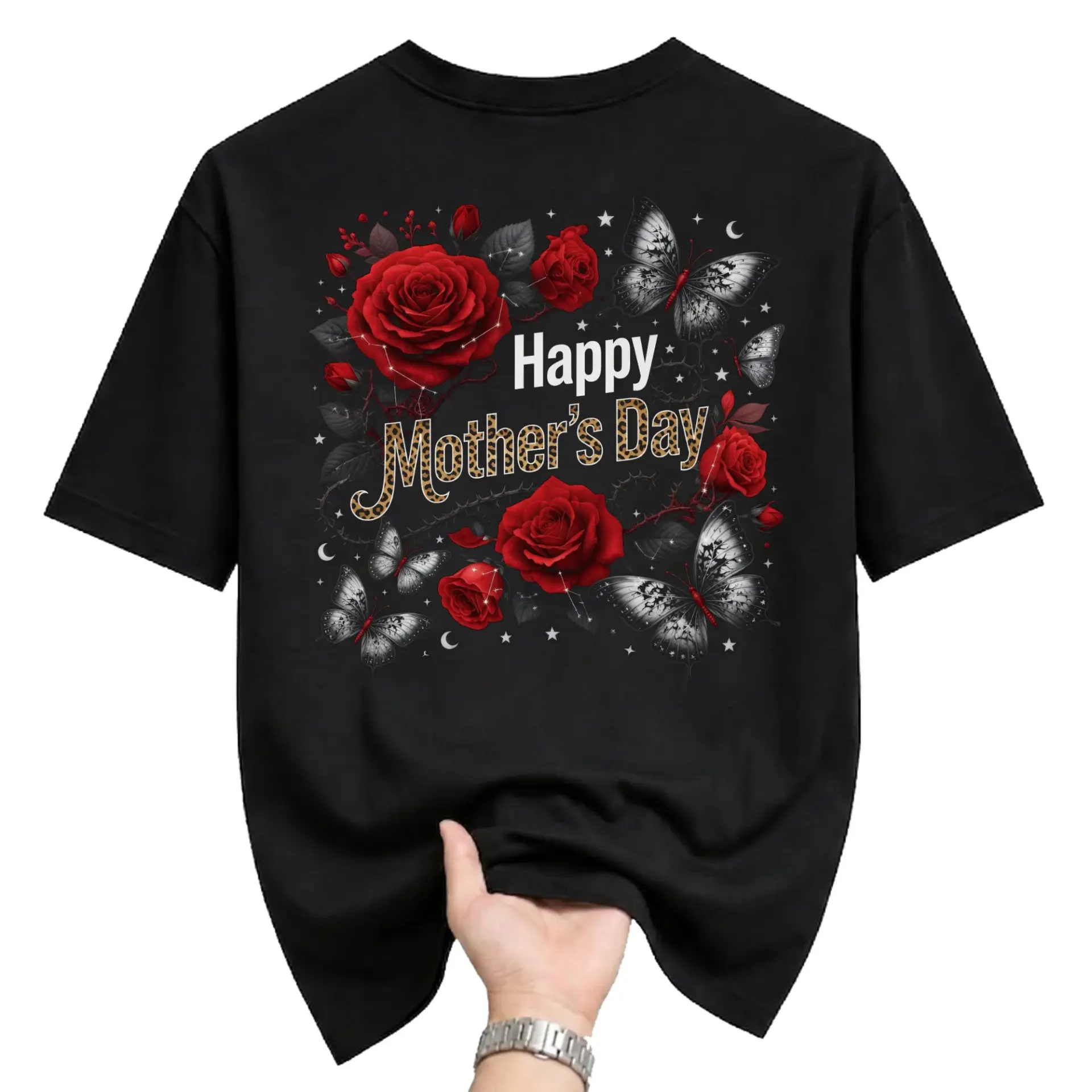 T-shirt Happy Mother's Day Floral Graphic Tee with Red Roses and Butterflies Unisex Casual Crew Neck Apparel Black