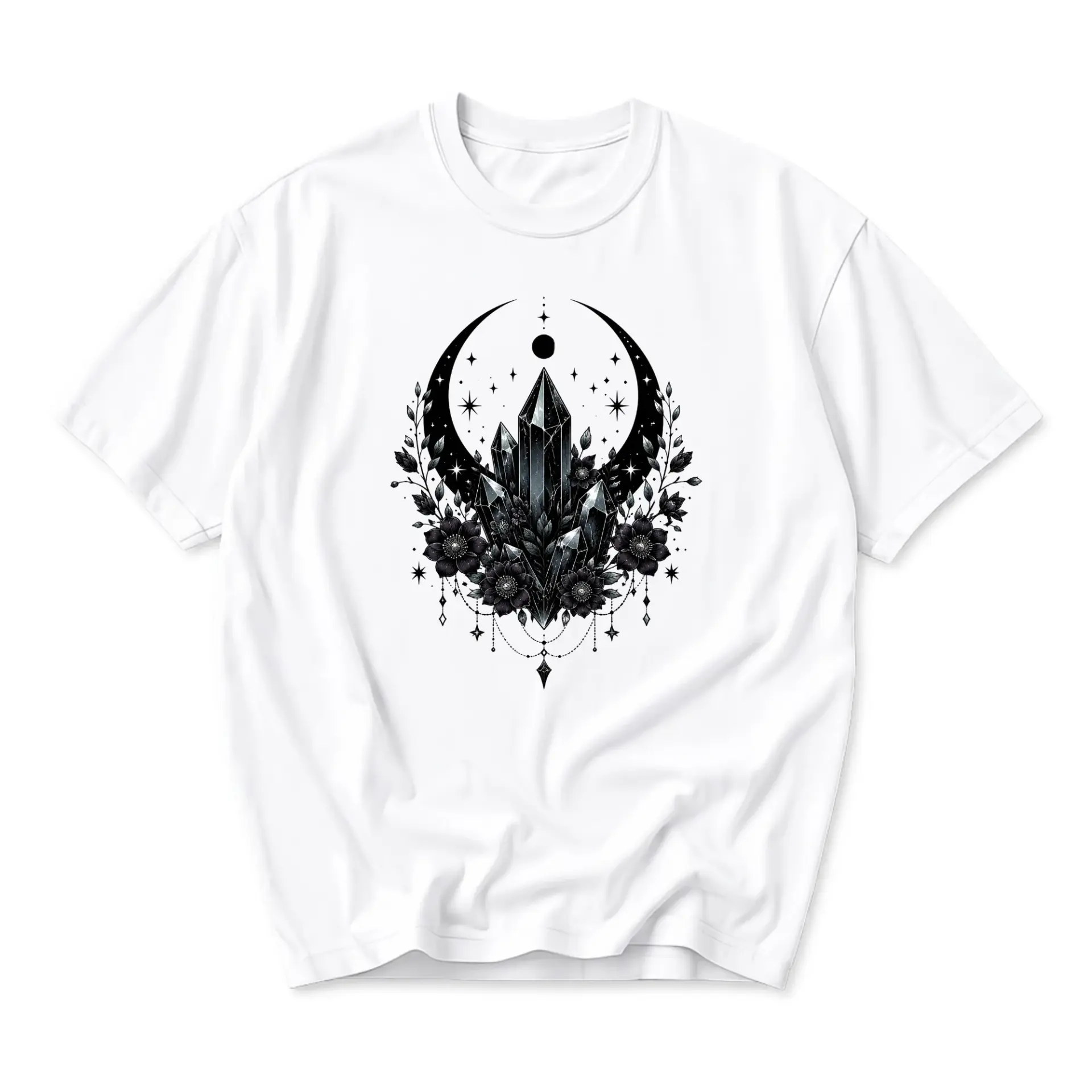Graphic Tee Celestial Crystal Moon Floral Art Print Unisex Crew Neck Shirt for Casual Everyday Wear and Self Expression