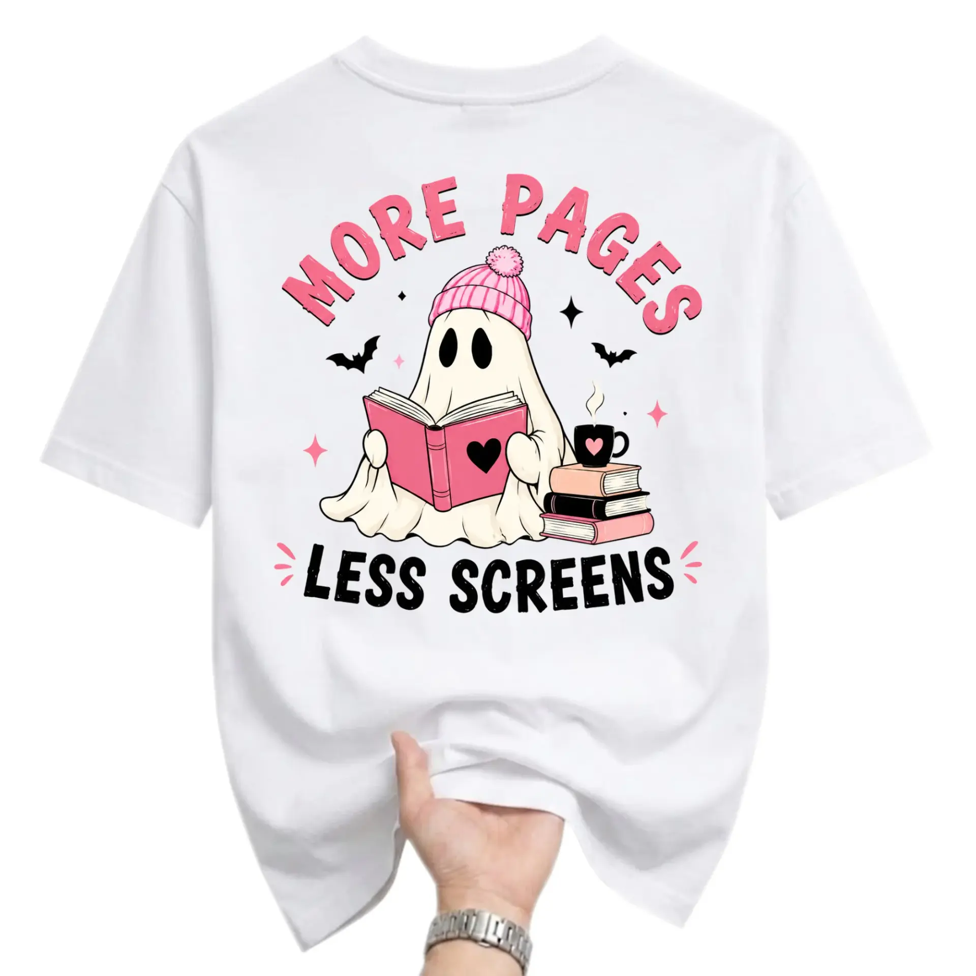 Graphic Tee More Pages Less Screens Reading Ghost Shirt Cute Aesthetic Unisex Crew Neck Casual Everyday Apparel
