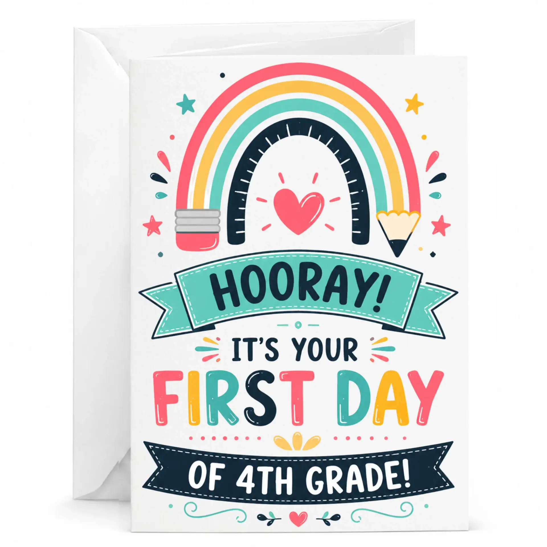 Greeting Card for Fourth Milestone with Colorful Pencil Rainbow Design and Hooray It Is Your First Day