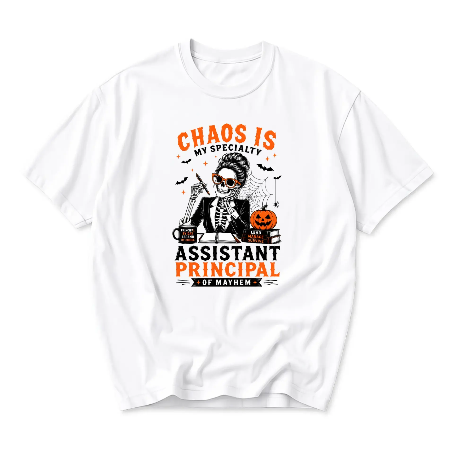 Funny Shirt Assistant Principal of Mayhem Skeleton Graphic Tee Unisex Casual Crew Neck Comfortable Cotton Blend Top