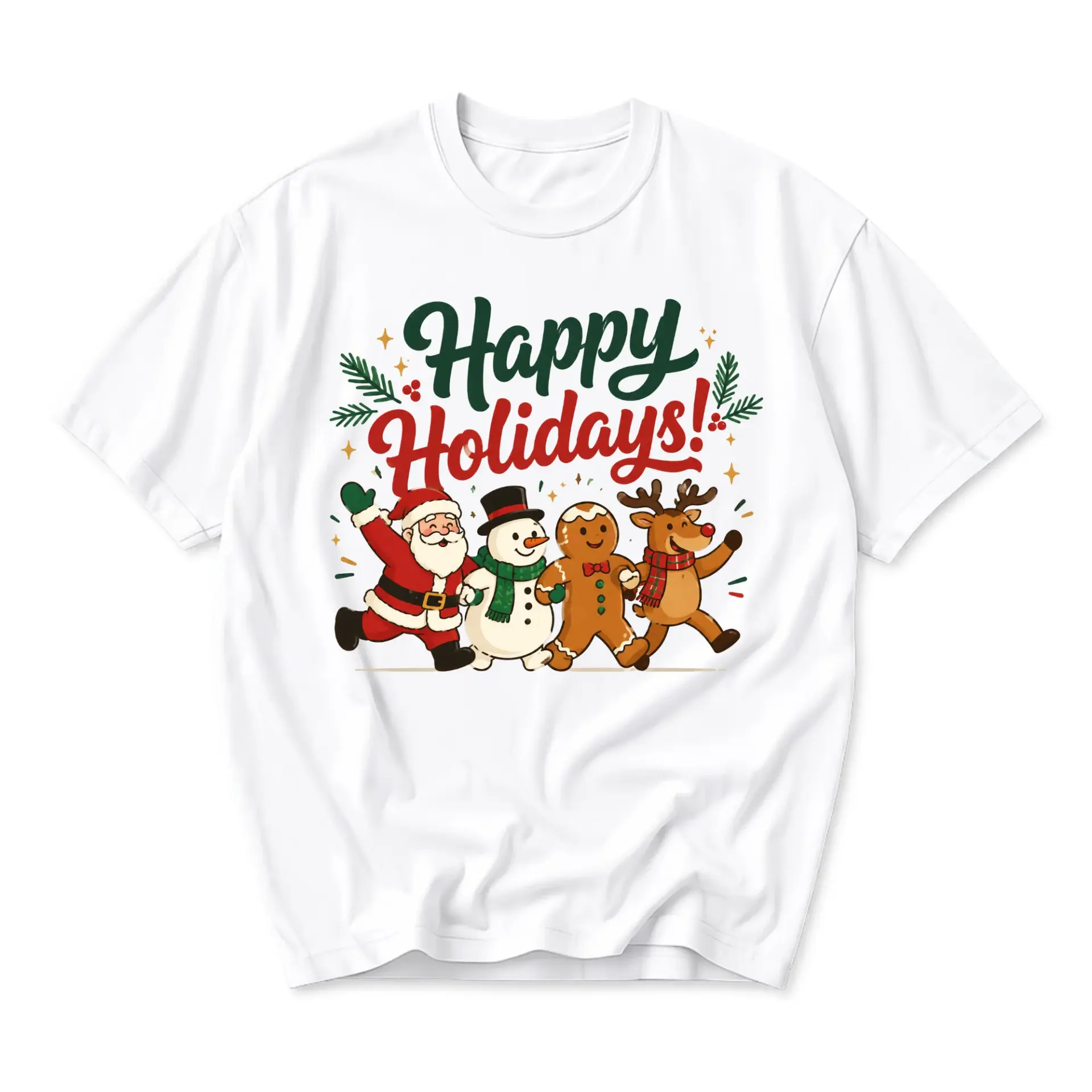Graphic Tee Happy Holidays Festive Snowman Santa Gingerbread Reindeer Unisex Short Sleeve Crew Neck T-Shirt