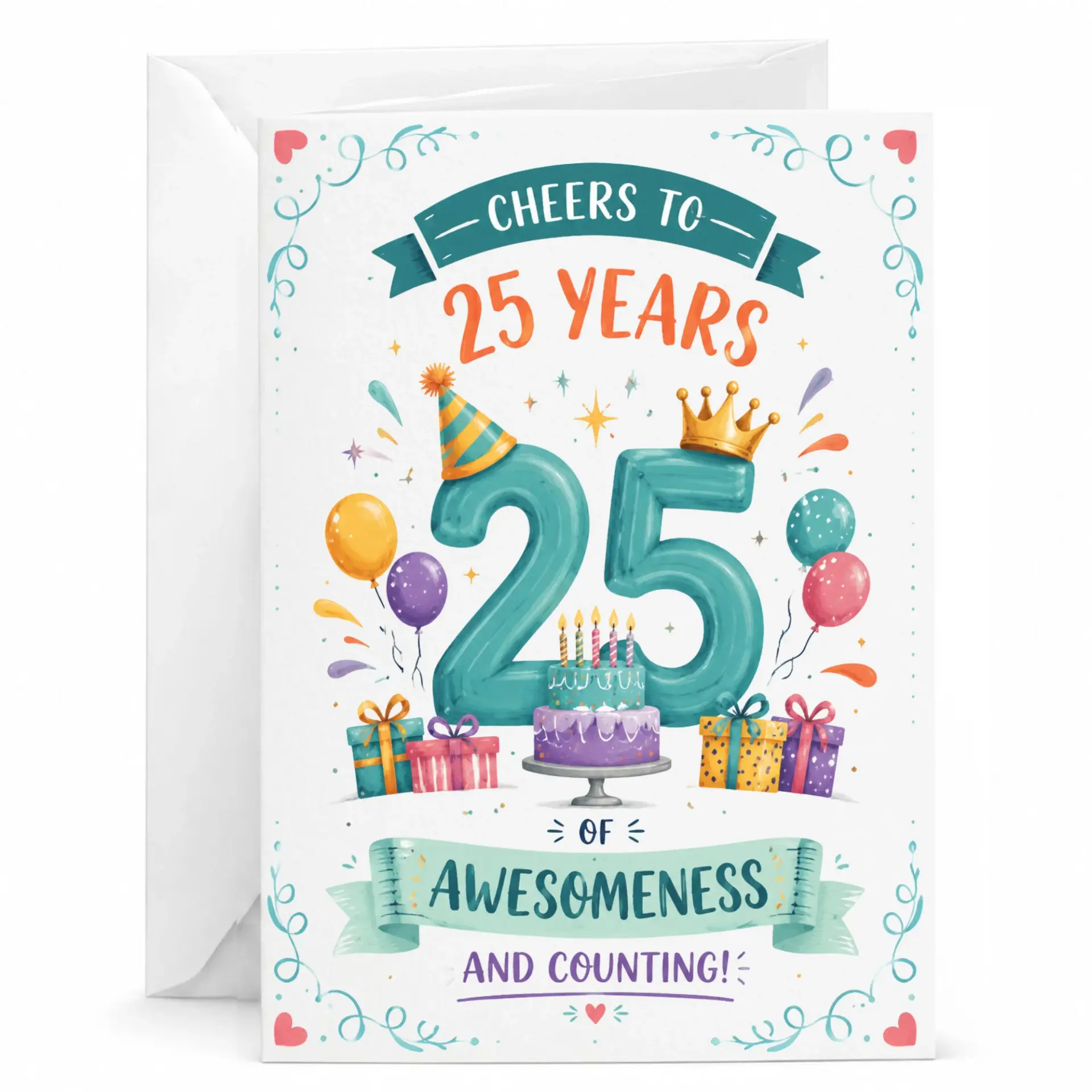 Birthday Card 25th Anniversary Cheers to 25 Years of Awesomeness Greeting Card with Matching Envelope for Milestone
