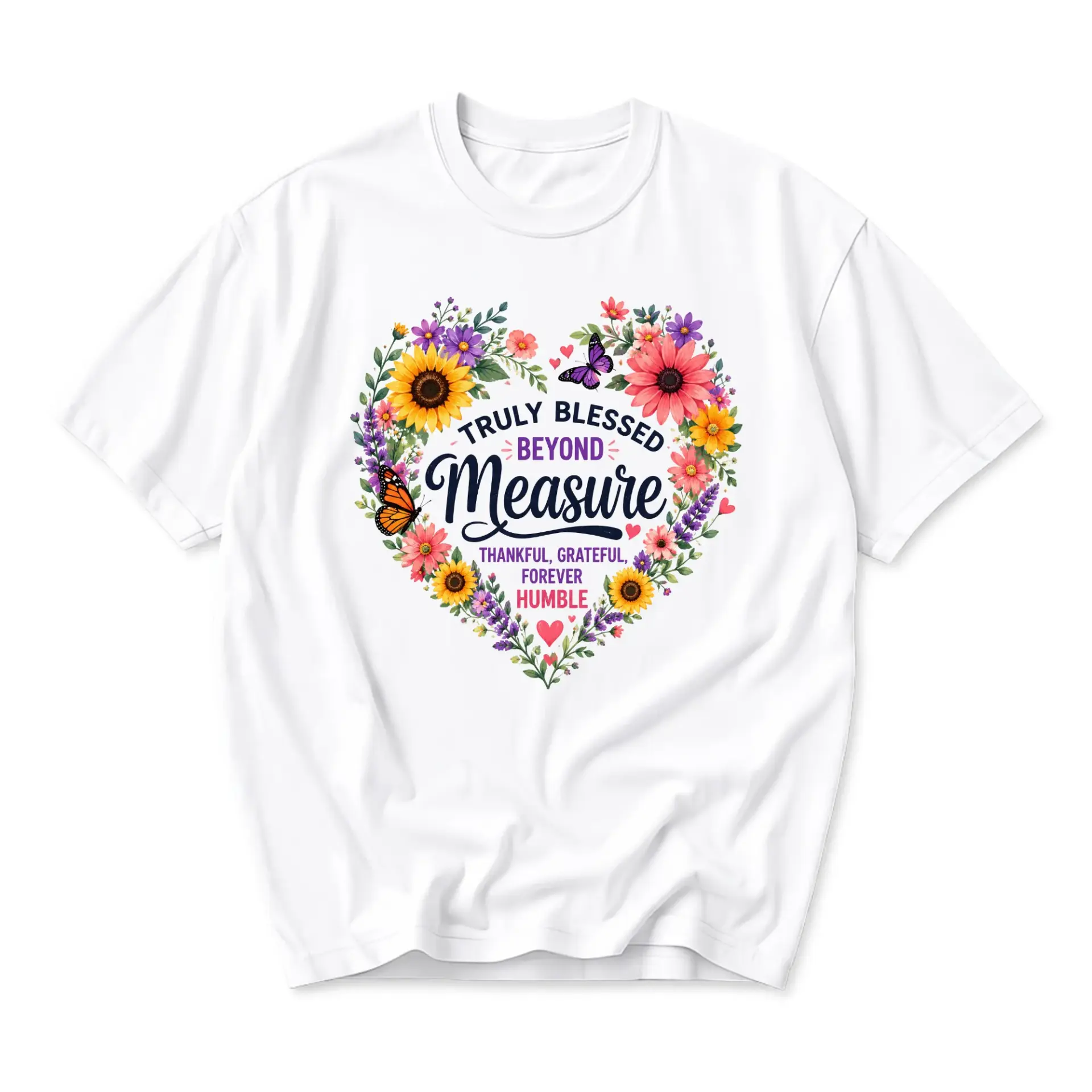 Graphic Tee Truly Blessed Beyond Measure Floral Heart T-Shirt Casual Unisex Short Sleeve Everyday Comfortable Apparel