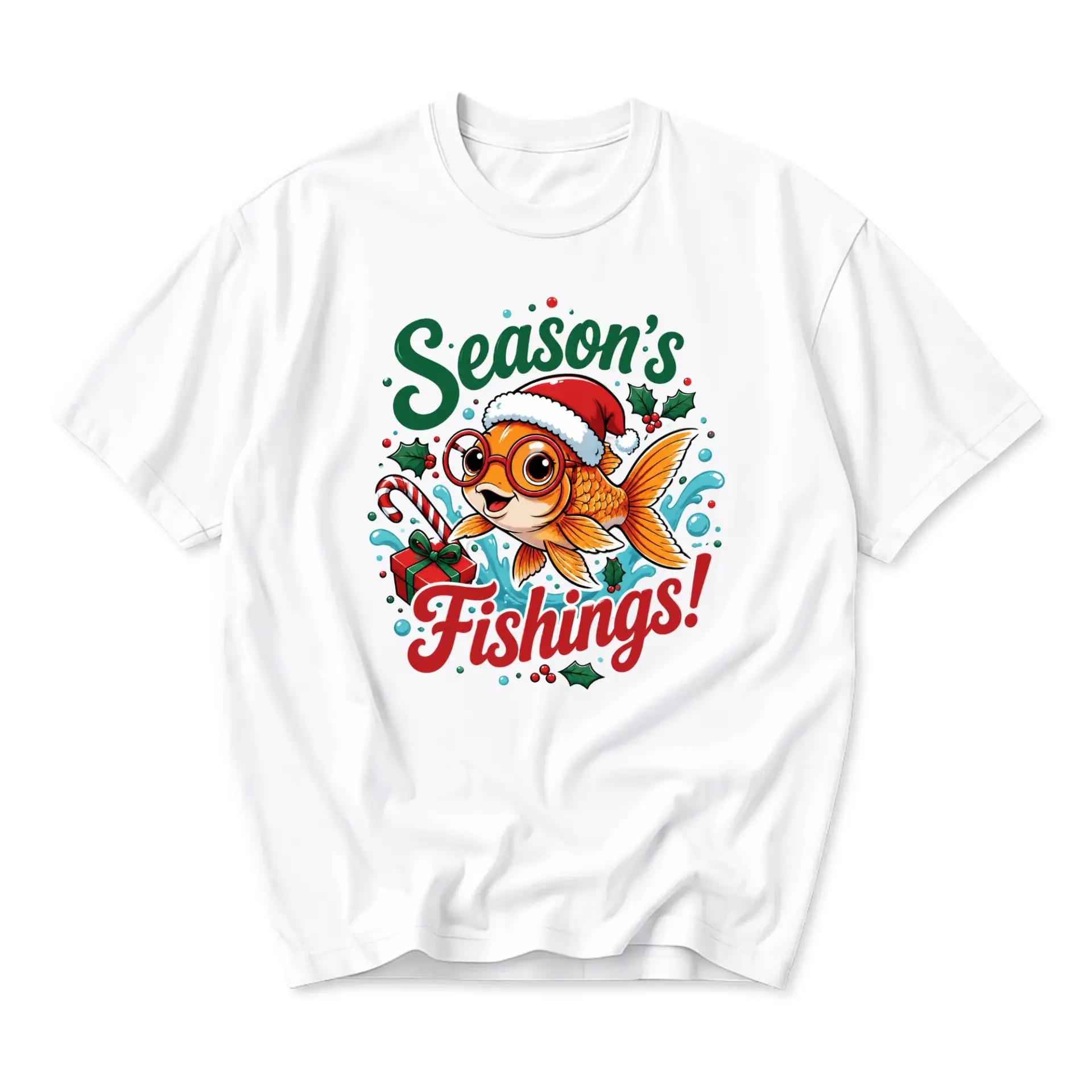 Funny Shirt Season's Fishings Graphic Tee Cute Goldfish Wearing Santa Hat