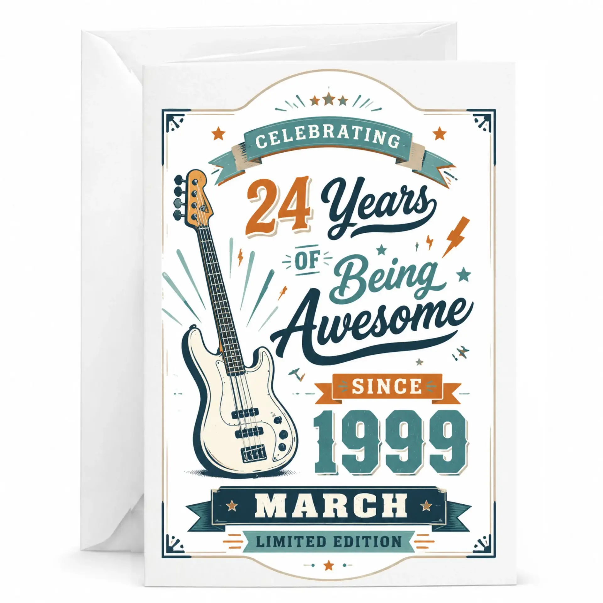 Birthday Card Celebrating 24 Years of Being Awesome Since March 1999 Vintage Electric Guitar Anniversary Greeting Card