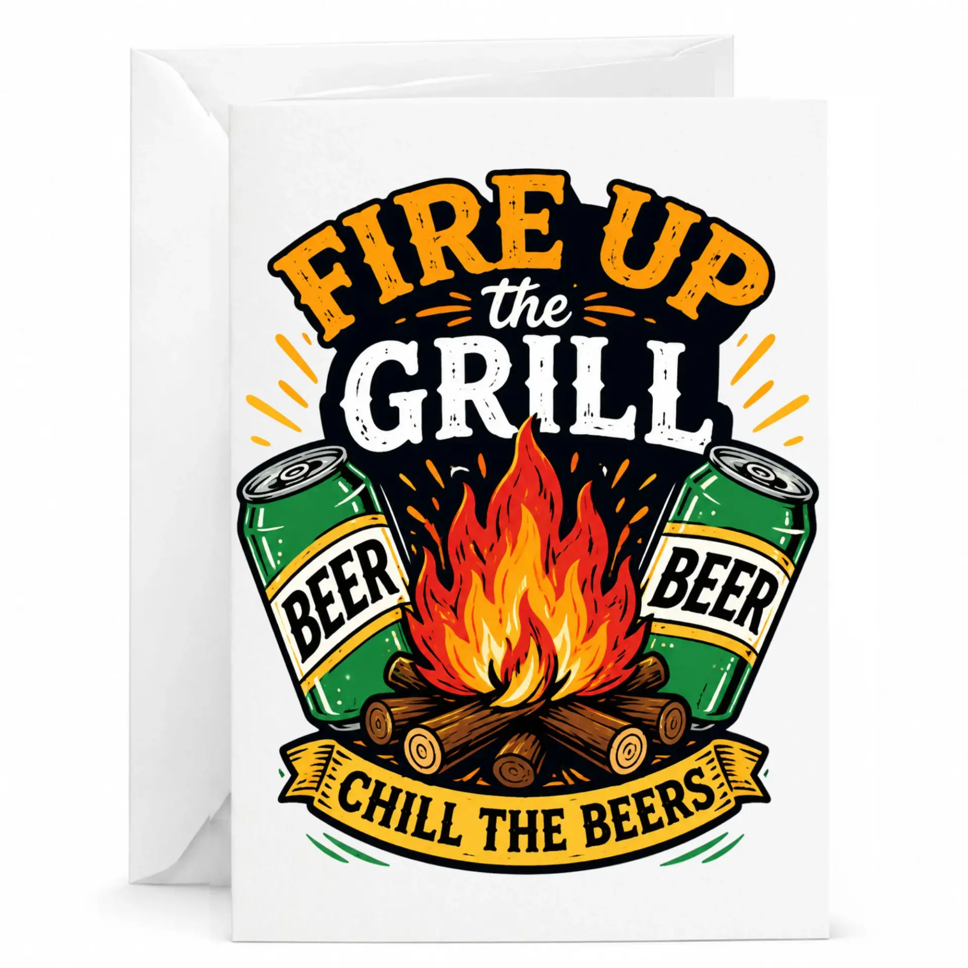 Funny Greeting Card Fire up the Grill and Chill the Beers Barbecue Theme Birthday or Holiday Celebration Note