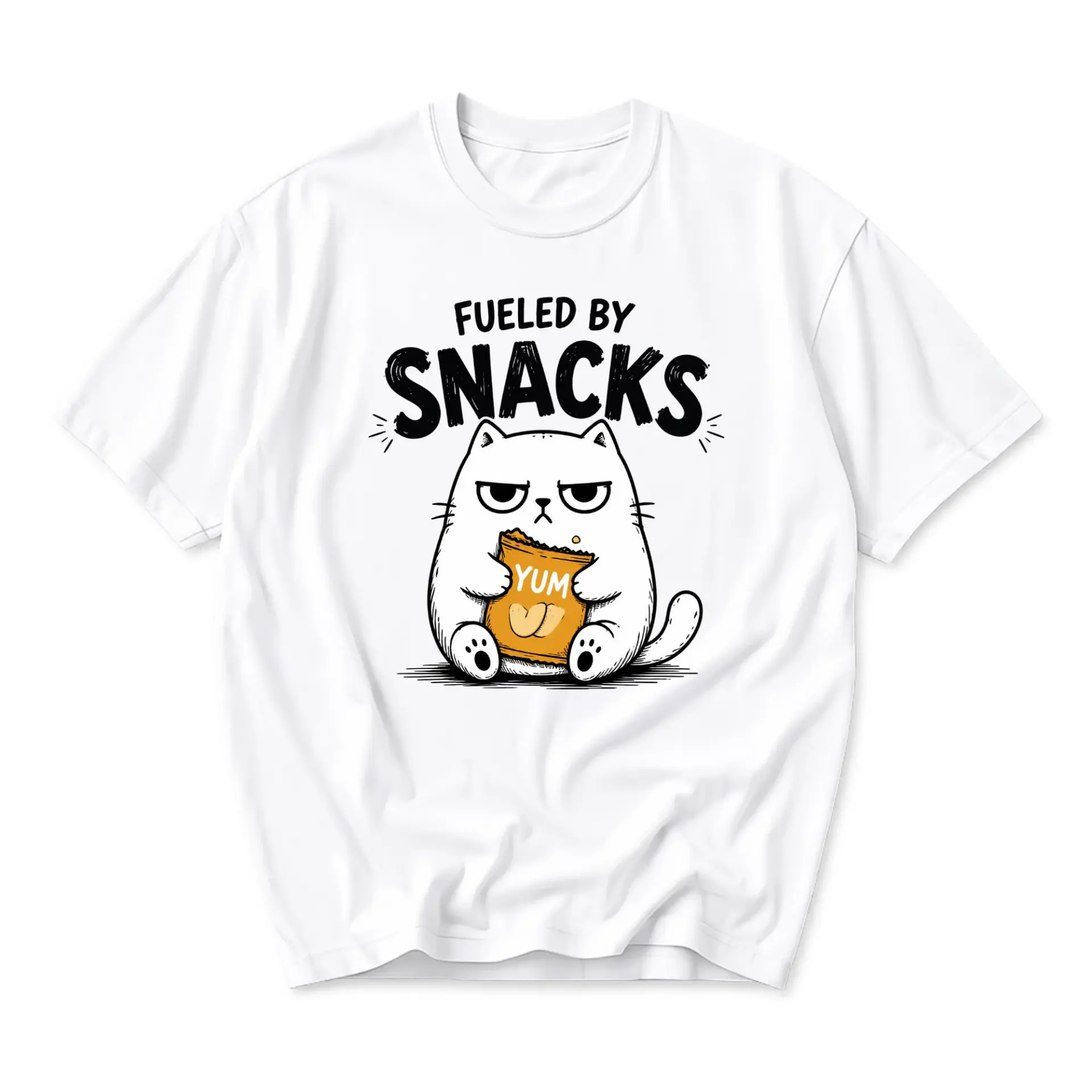 Funny Shirt Fueled by Snacks Graphic Tee Cute Grumpy Cat Illustration on Soft Comfortable Unisex Crew Neck Top