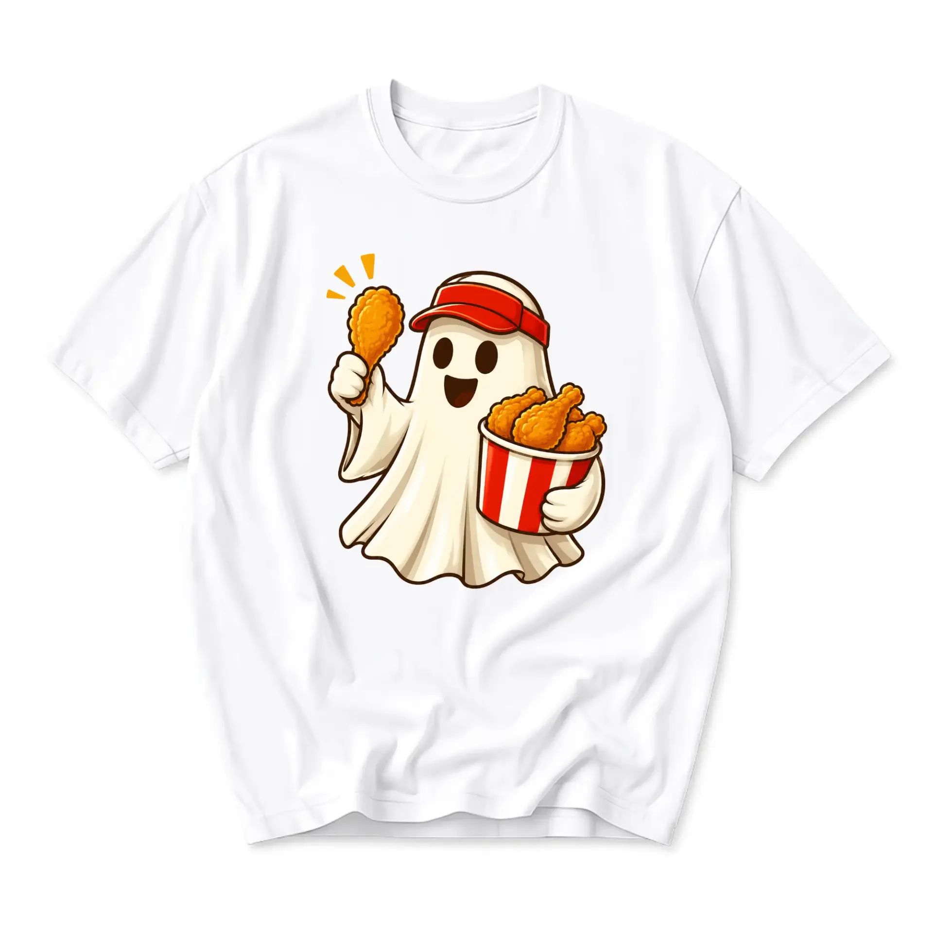 Funny Shirt Featuring a Cute Ghost Wearing a Visor and Eating Fried Chicken Graphic Unisex Crew Neck Casual Cotton Tee