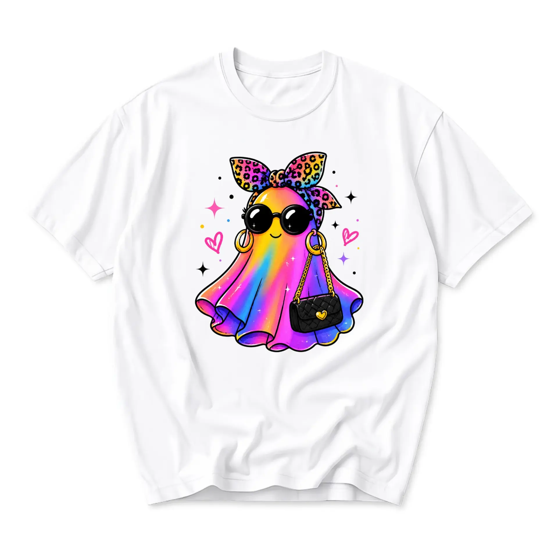 Graphic Tee Unisex Crew Neck T-Shirt Featuring a Vibrant Rainbow Ghost Illustration with Accessories Stylish Apparel