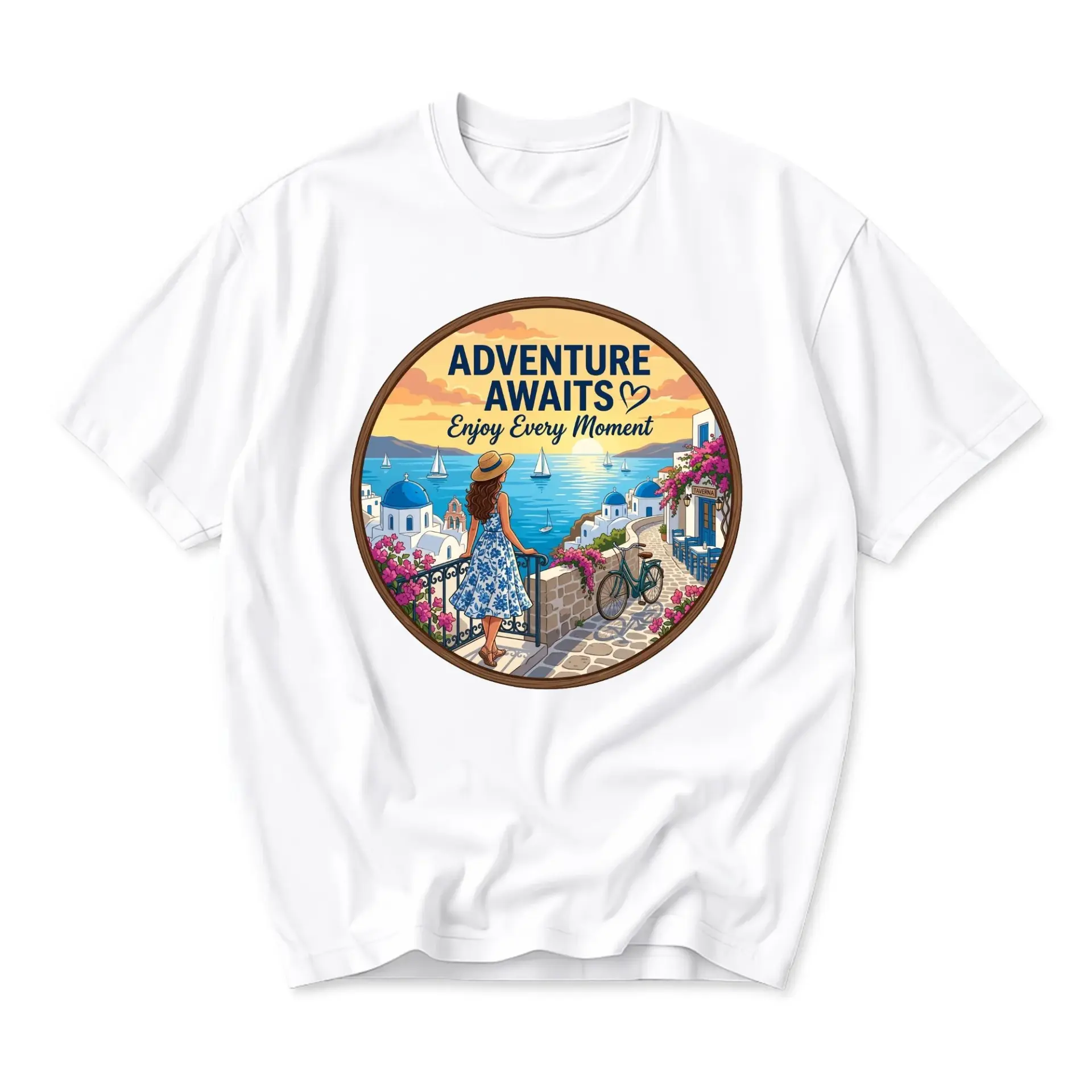 Graphic Tee Adventure Awaits Mediterranean Coastal Travel Scene Unisex Casual Crew Neck Soft Cotton Short Sleeve Shirt