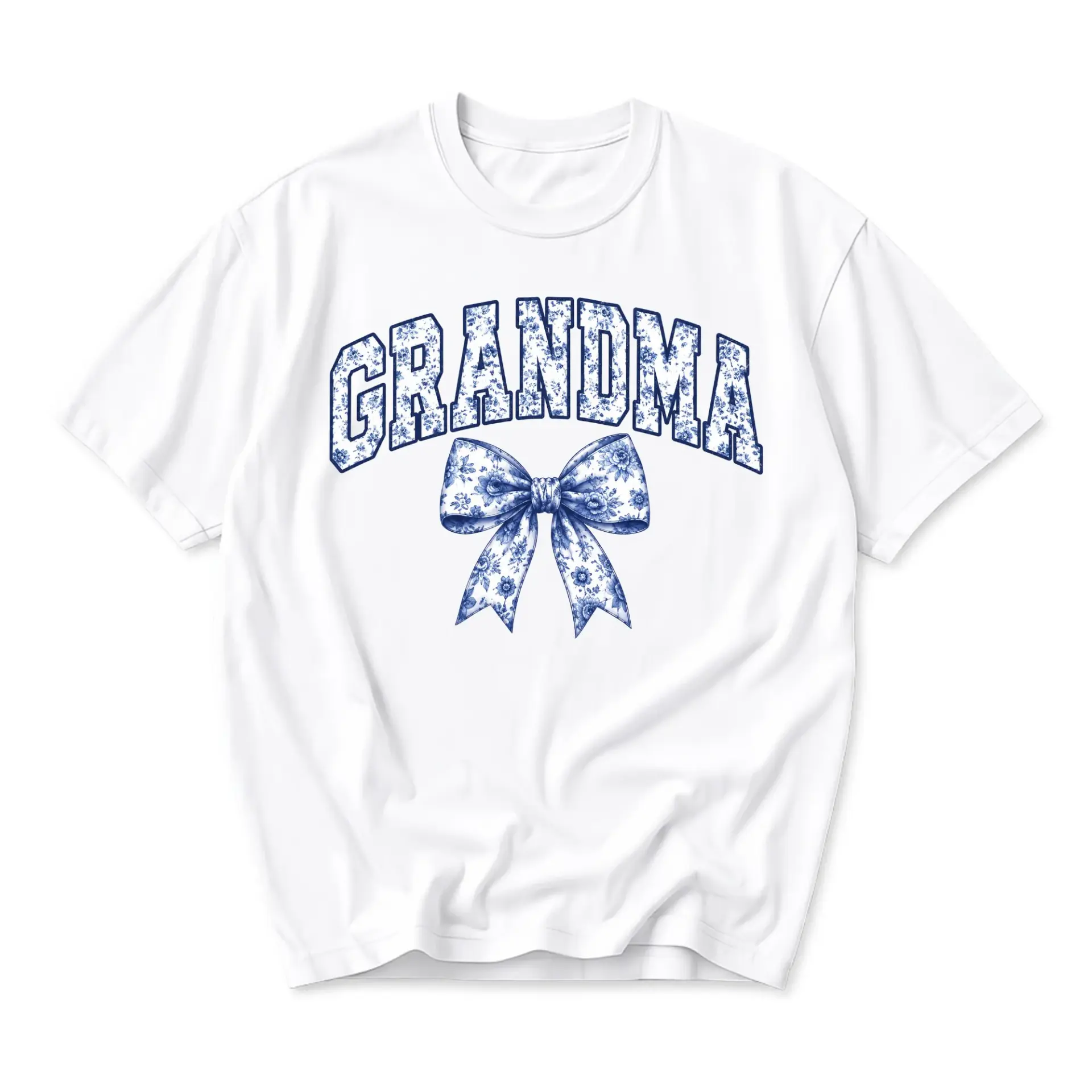 Graphic Tee Grandma Blue Floral Bow Print Unisex Crew Neck Shirt Comfortable Casual Everyday Apparel Gift Idea