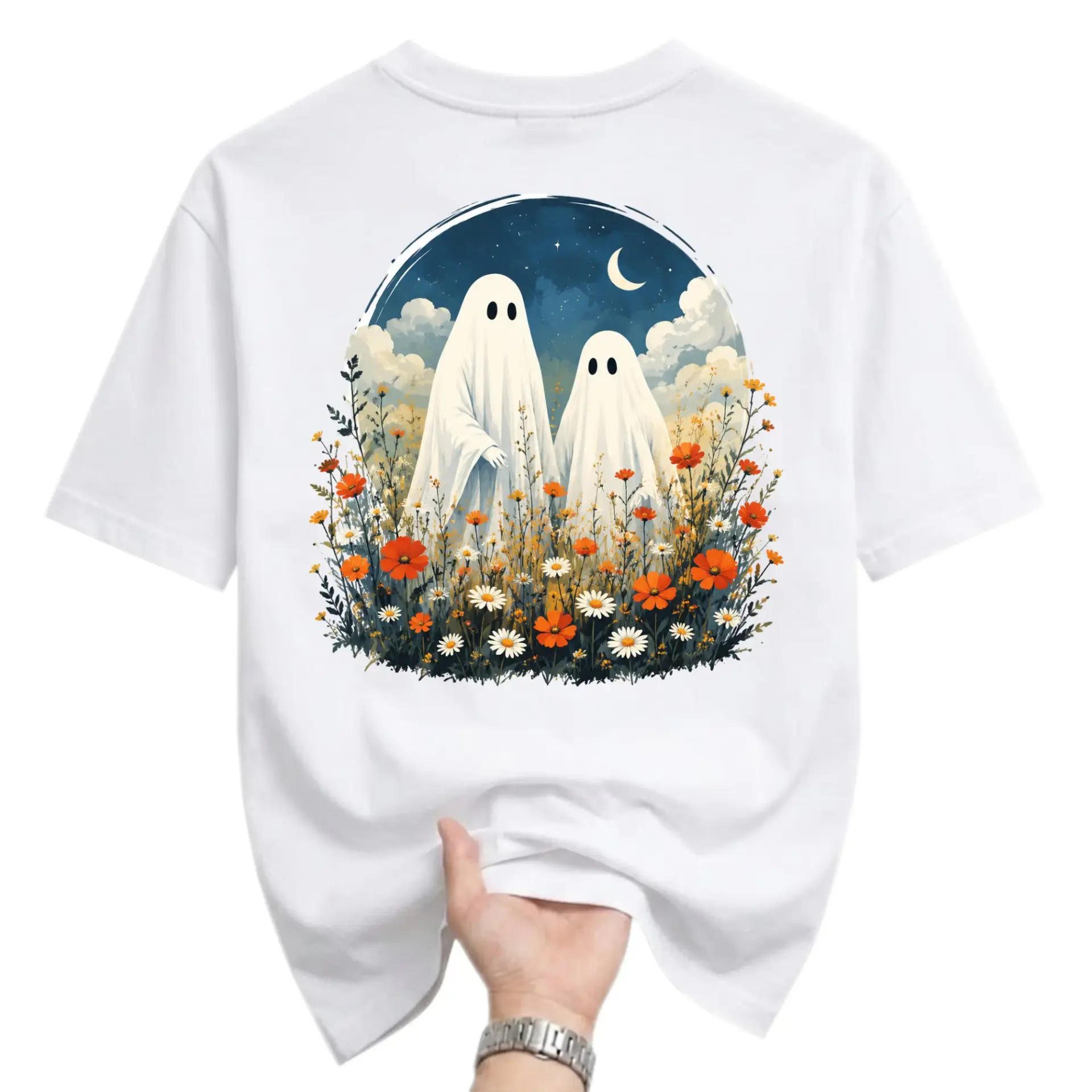 Graphic Tee Unisex Crew Neck T-Shirt Featuring Two Whimsical Ghosts Standing in a Vibrant Meadow Floral Scene