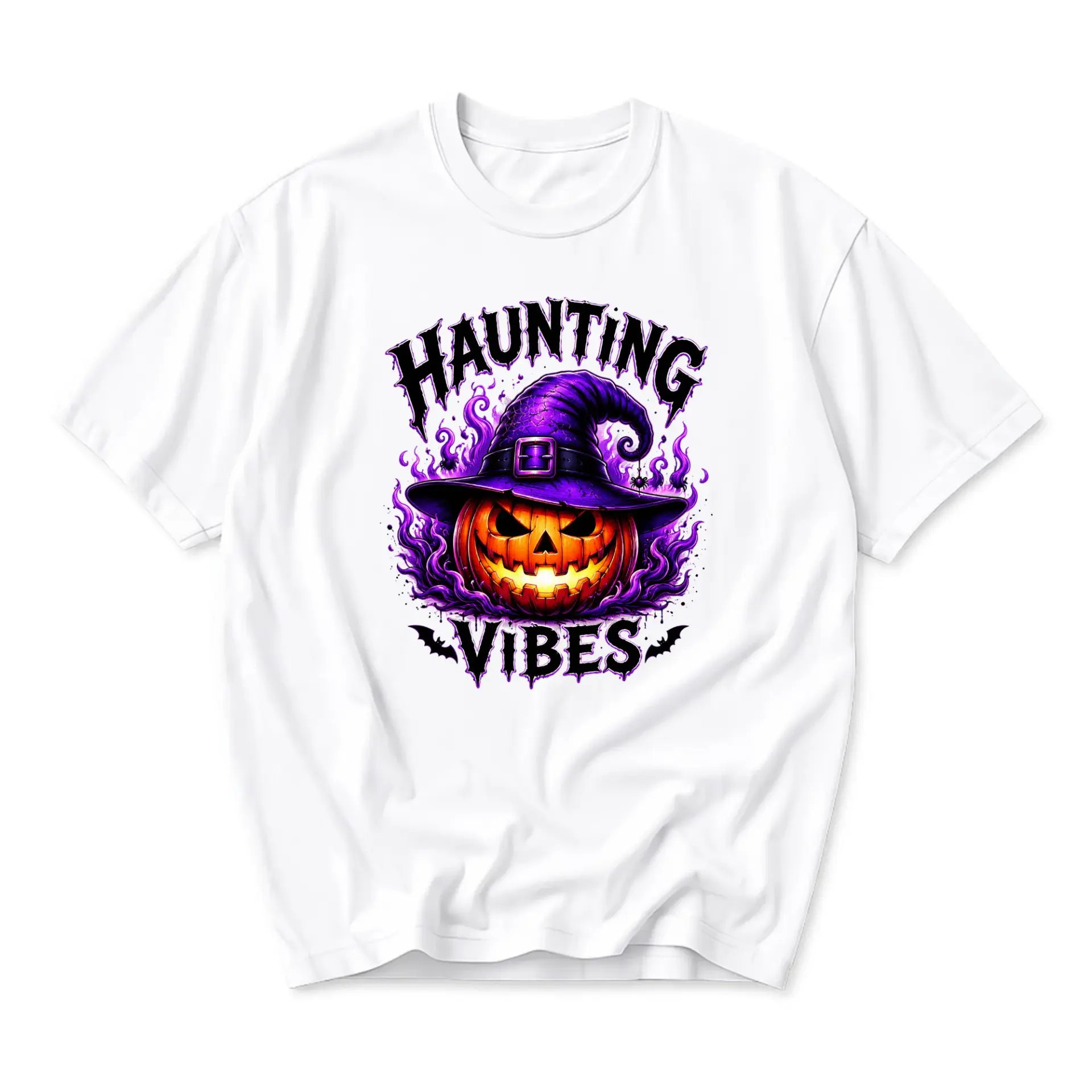 Funny Shirt Haunting Vibes Pumpkin Witch Hat Graphic Tee Seasonal Halloween Costume Unisex Crew Neck Cotton Top