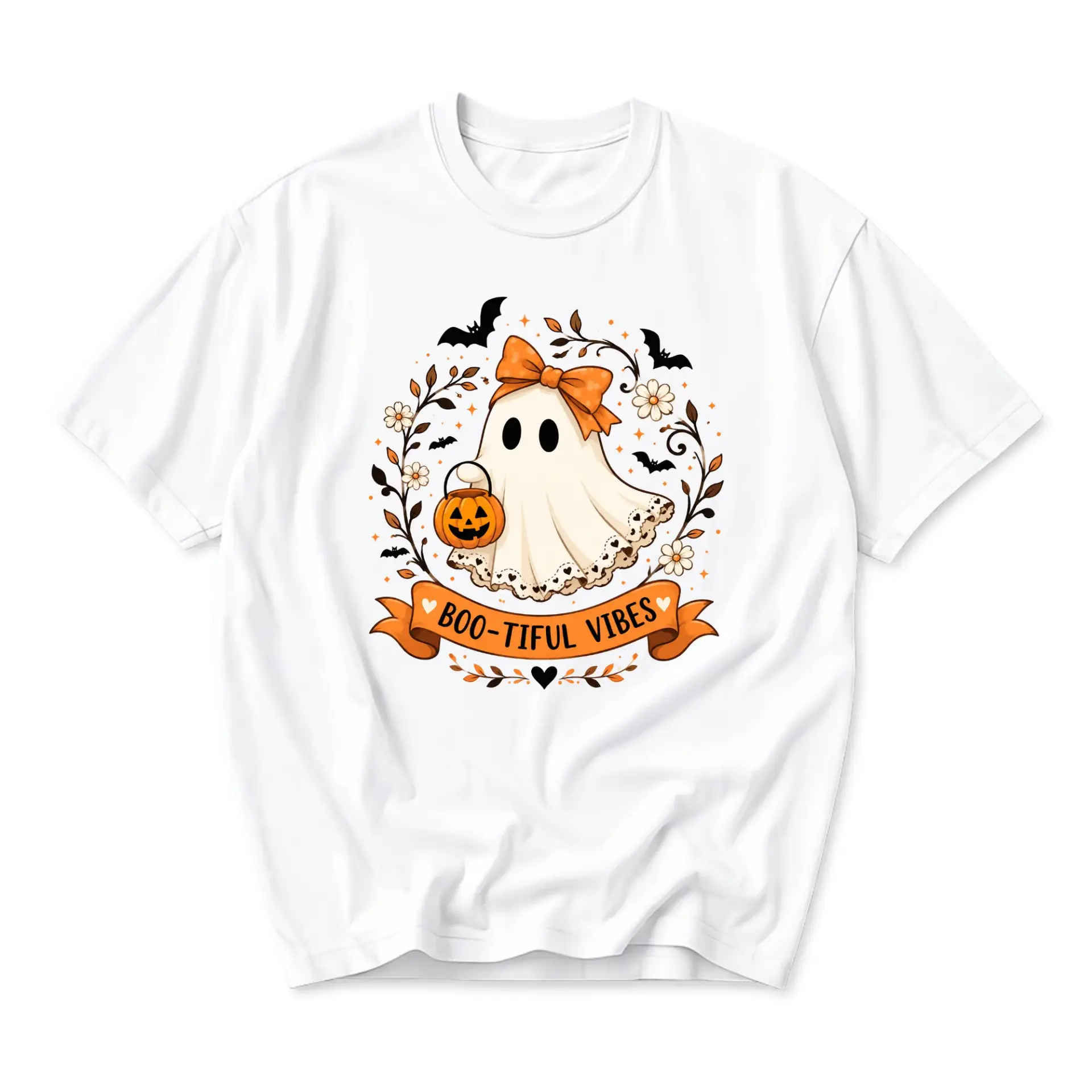 Graphic Tee Boo-Tiful Vibes Ghost Shirt Cute Halloween Pumpkin Autumn Apparel Unisex Crew Neck Casual Fashion Top