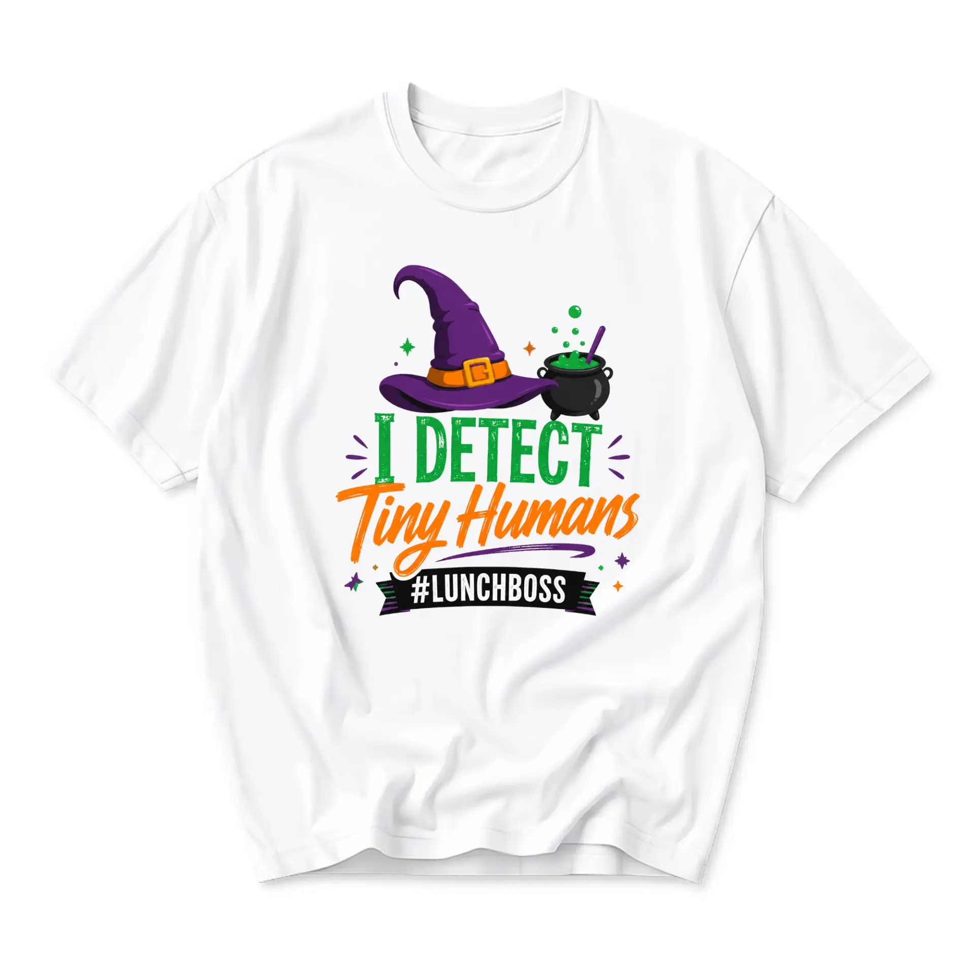 Funny Shirt I Detect Tiny Humans Lunch Boss Graphic Tee Witch Hat Cauldron Design Unisex Crew Neck Short Sleeve Top